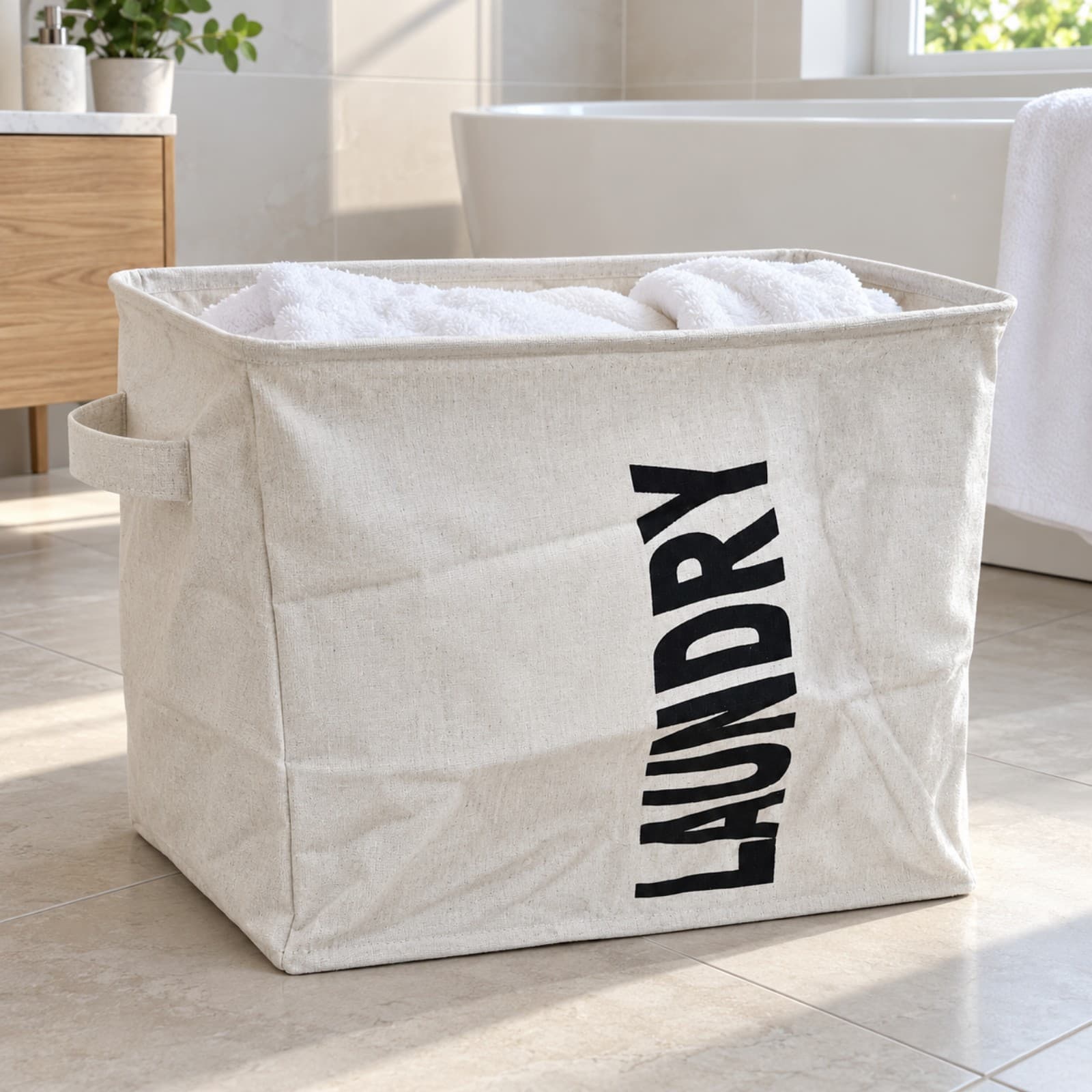 Cesto de ropa plegable LAUNDRY beige con toallas en un baño (imagen ilustrativa), CESTLAUNDECONB — miniatura 4