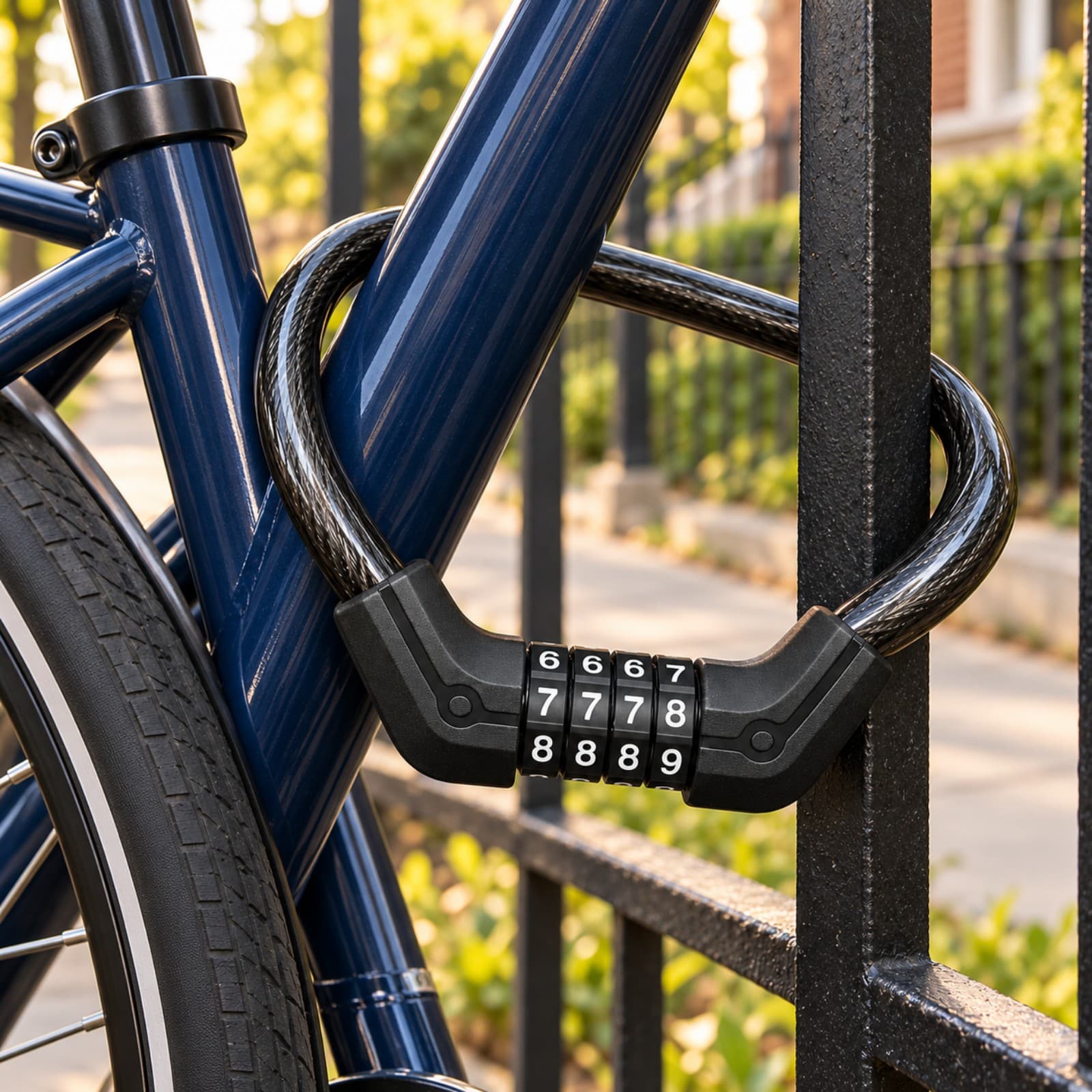 Linga de combinación de 4 dígitos sujetando el cuadro de una bicicleta a una reja (imagen ilustrativa), LINBICICANDNUMER — miniatura 4