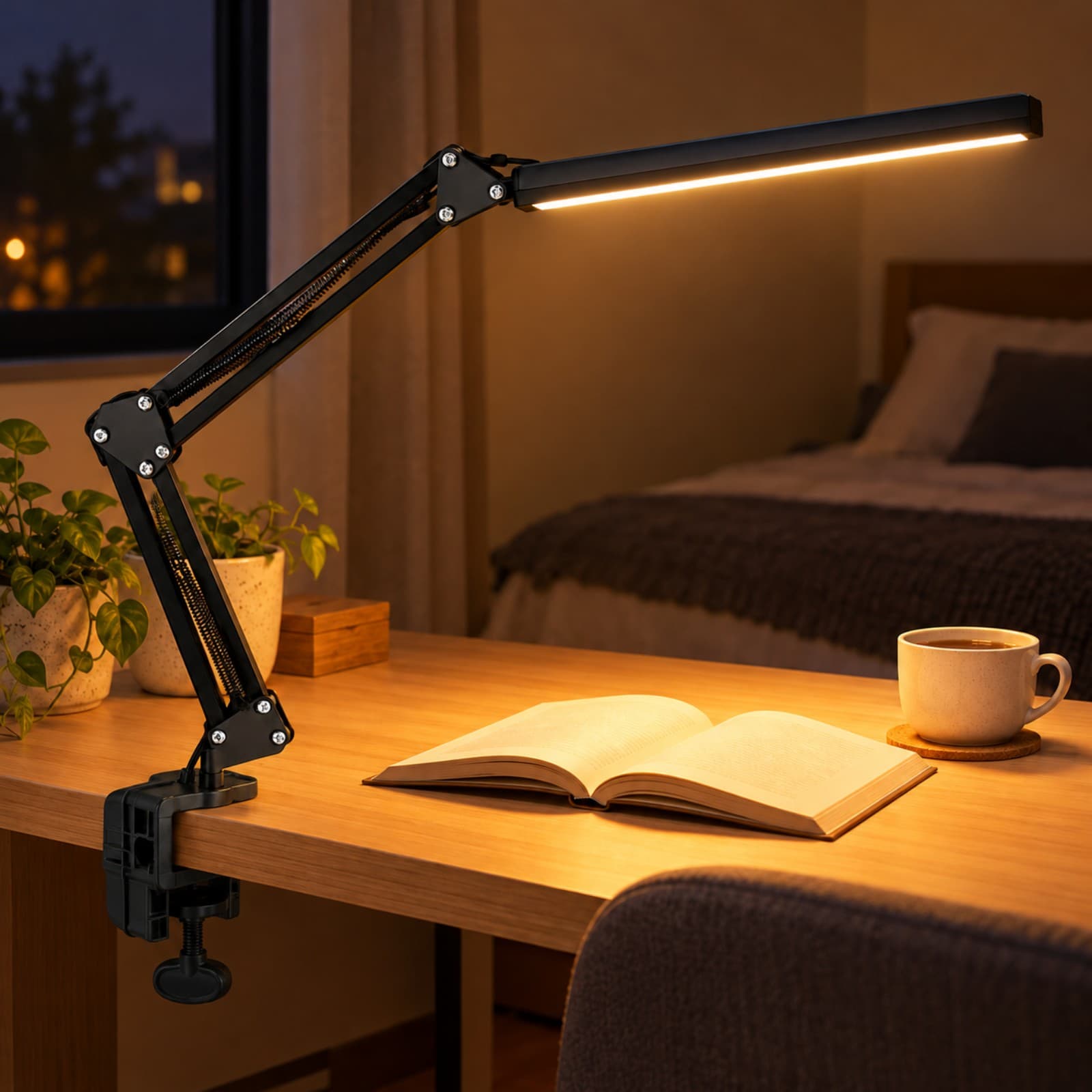 Velador de escritorio flexible FL-0908 pinzado a un escritorio de dormitorio, de noche con luz cálida (imagen ilustrativa), LAMPGANCHFLEXN — miniatura 7