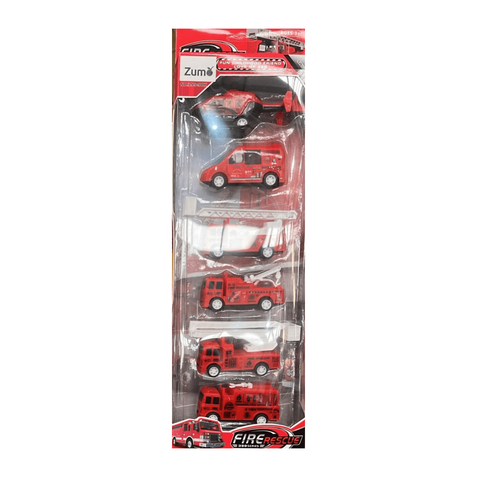 Caja de frente del set Zumo Fire Rescue 399-98K con seis vehículos (helicóptero y camiones de bomberos) sobre fondo blanco — miniatura 1