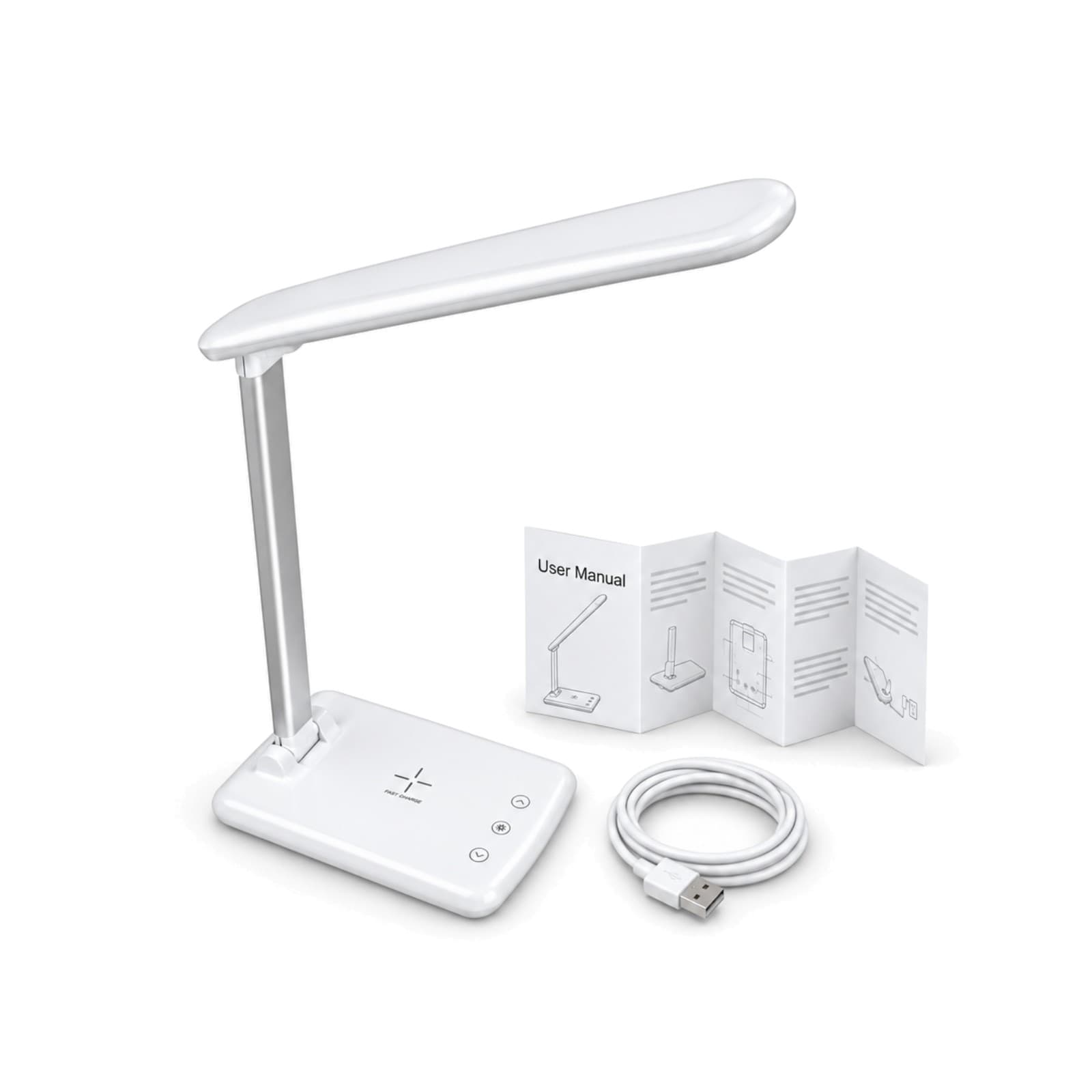 Lámpara LED de escritorio plegable MODS-046 blanca con su cable USB blanco y su manual de instrucciones (imagen ilustrativa), LAMPLEDPLEGABL — miniatura 2