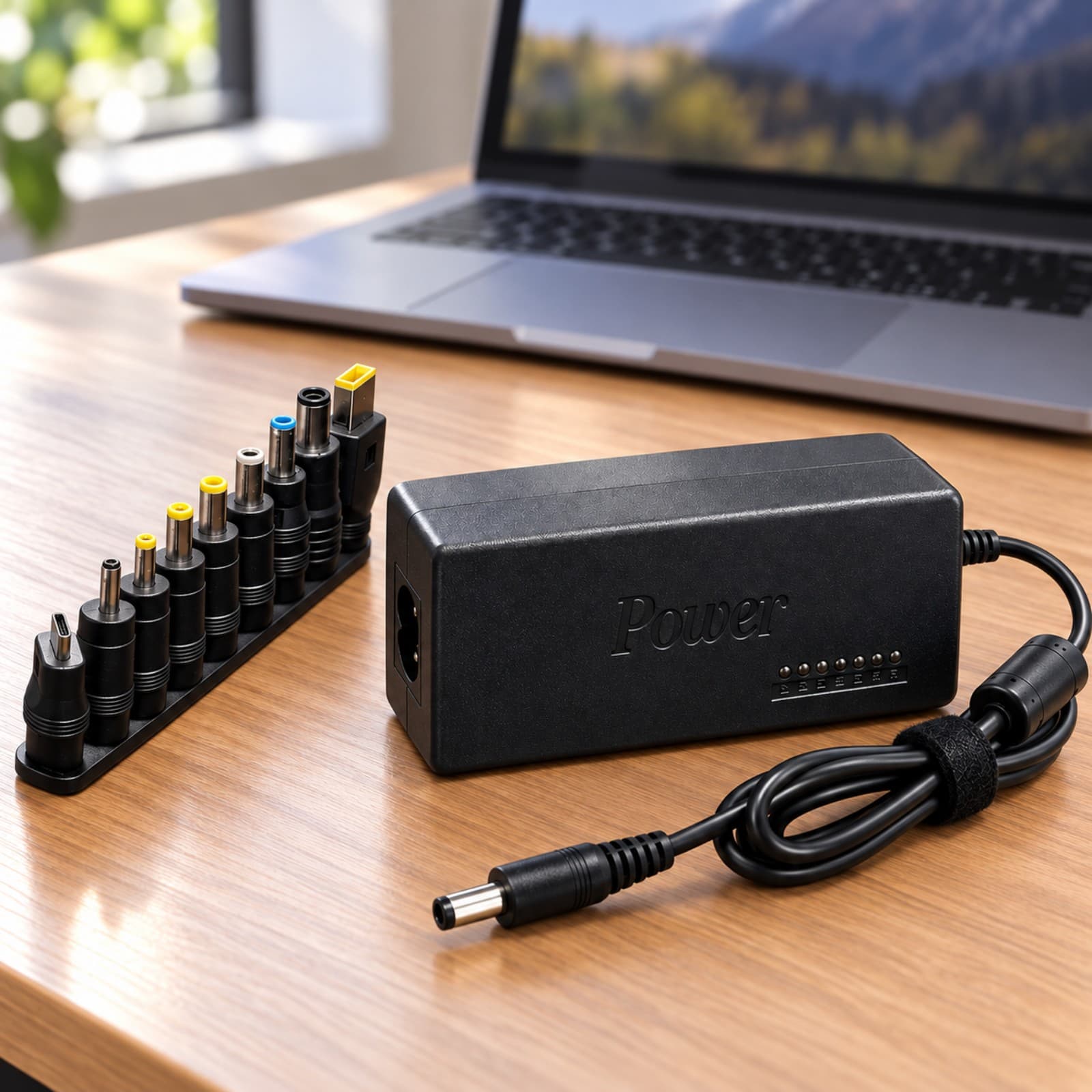 Cargador universal de notebook Mixor NEXO con sus pines intercambiables en un escritorio de coworking (imagen ilustrativa) — miniatura 7