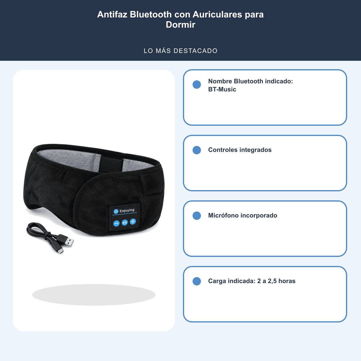 HANDOFF-48|DSH1-077|06|49802f484076|Antifaz Bluetooth con Auriculares para Dormir - Negro - Informacion destacada