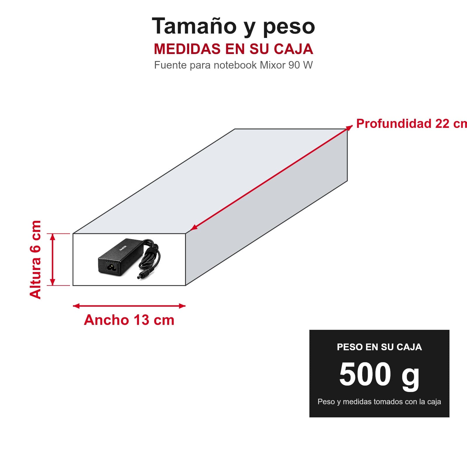 Medidas y peso de la fuente para notebook Mixor 90 W en su caja: 13 cm de ancho, 22 cm de profundidad, 6 cm de altura y 500 g — miniatura 4