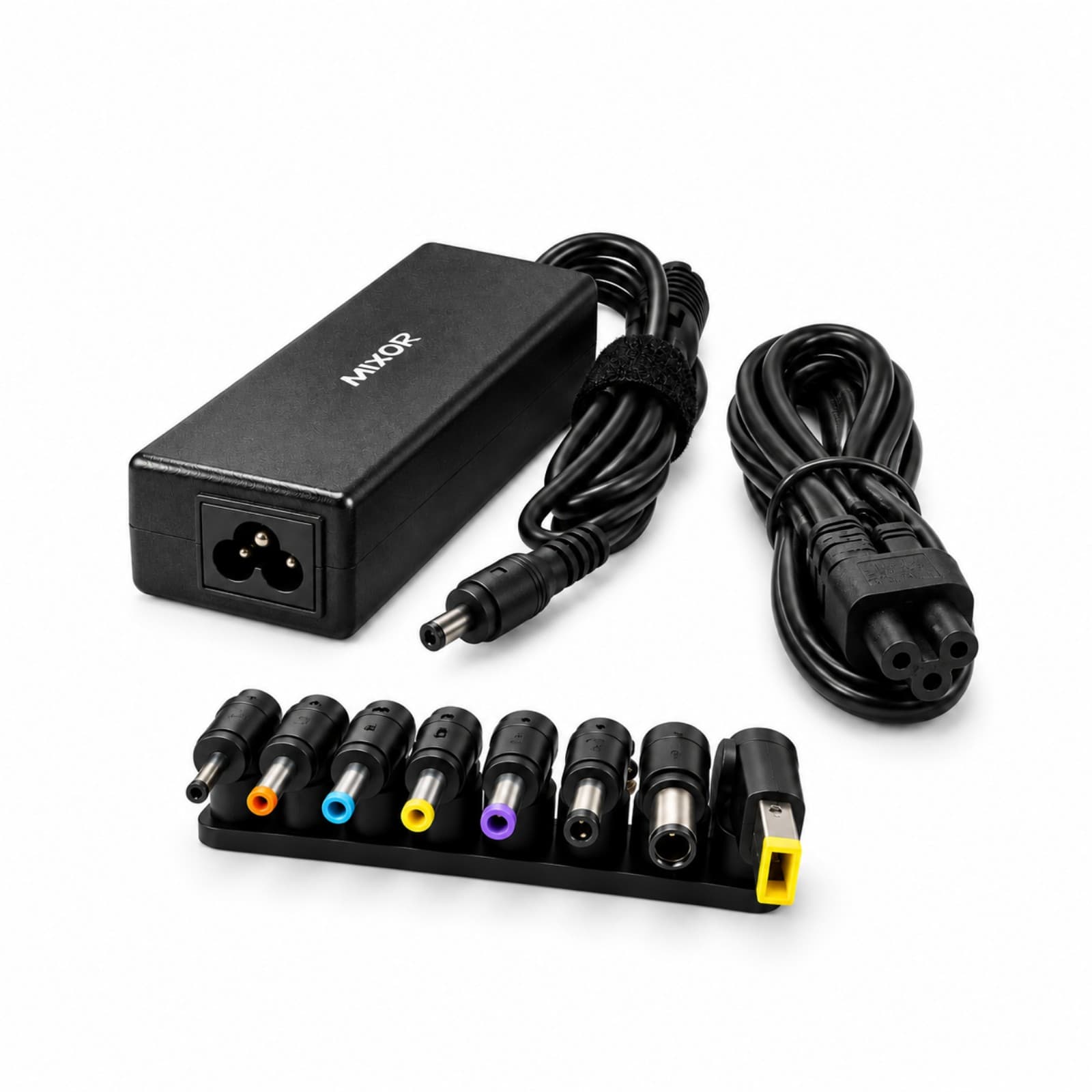 Contenido de la fuente para notebook Mixor 90 W: adaptador con su cable, soporte con 8 conectores intercambiables y cable de alimentación (imagen ilustrativa) — miniatura 2