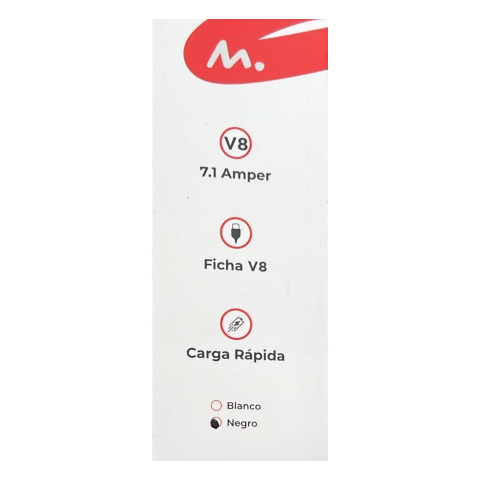 Reverso del envase del cable Mixor Inspira con las indicaciones V8, 7.1 Amper, ficha V8 y carga rápida, y el color Negro marcado — miniatura 2