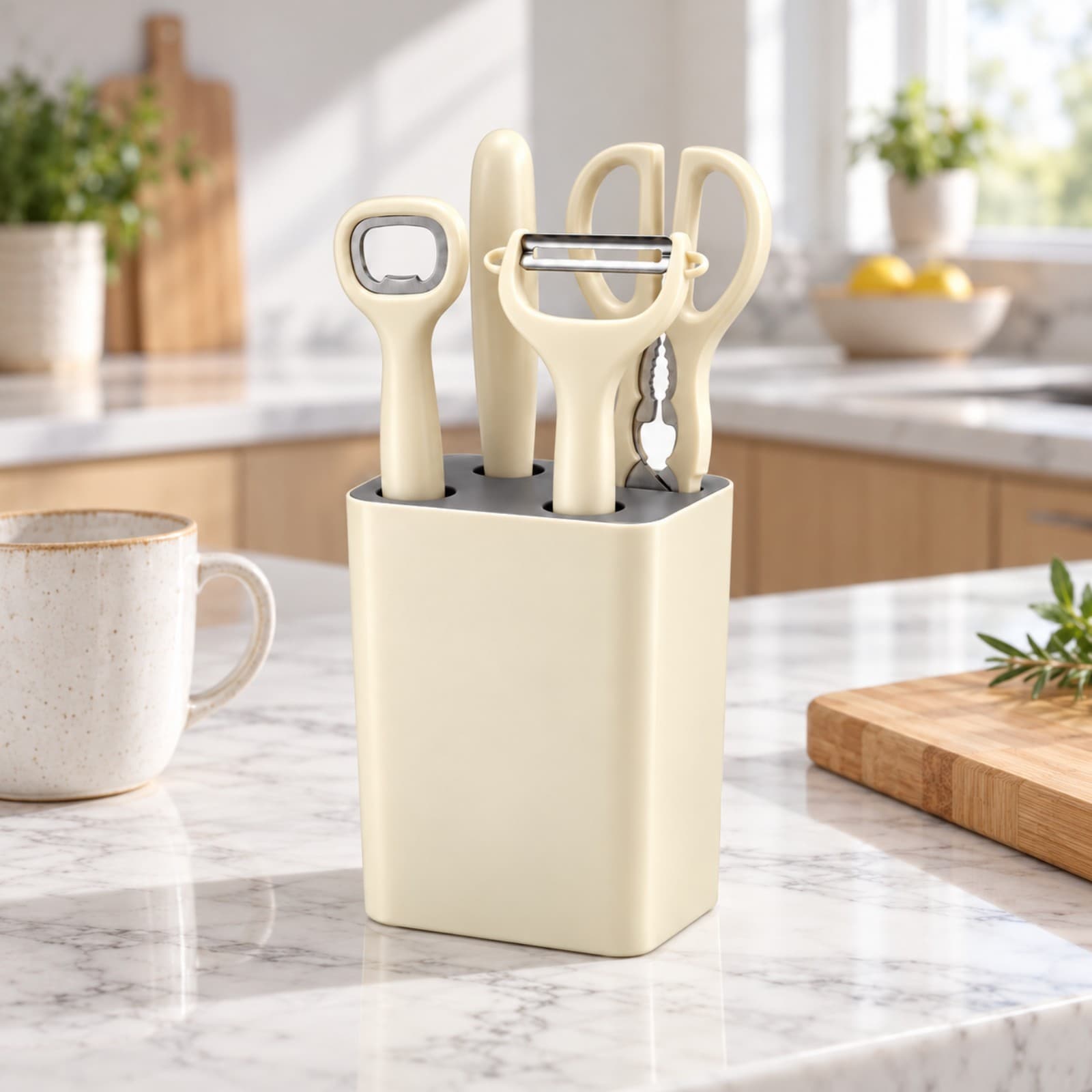 Set de 5 piezas de cocina beige, con su base de guardado y los cuatro utensilios, sobre una isla de cocina de mármol blanco junto a una taza y una tabla de bambú (imagen ilustrativa) — miniatura 5