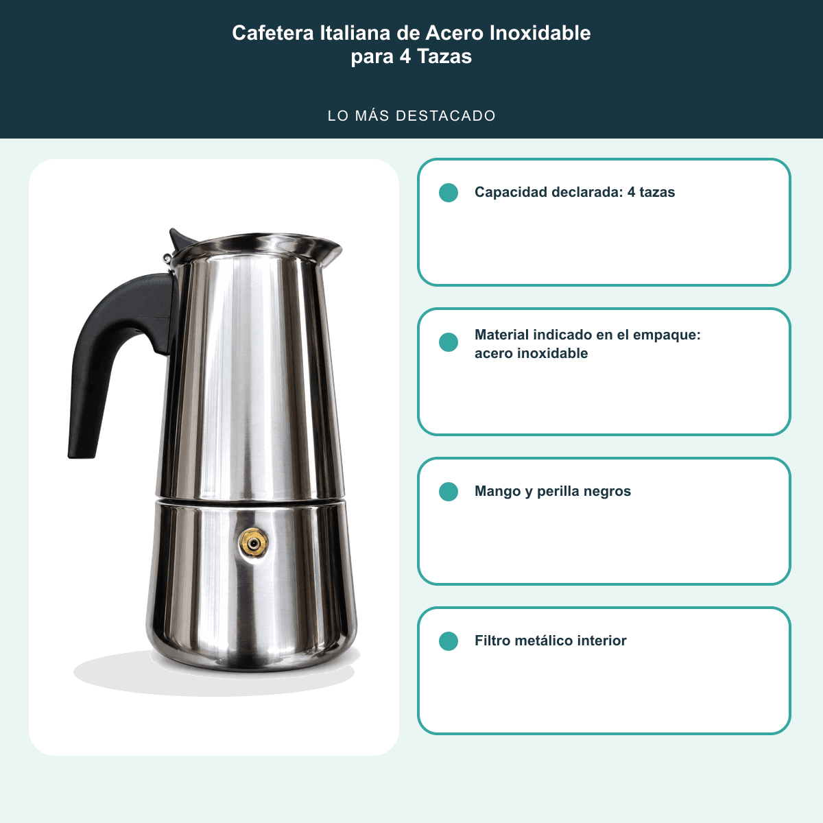 HANDOFF-48|CAFITALIANA|06|3cd7664d83b4|Cafetera Italiana de Acero Inoxidable para 4 Tazas - Única - Informacion destacada