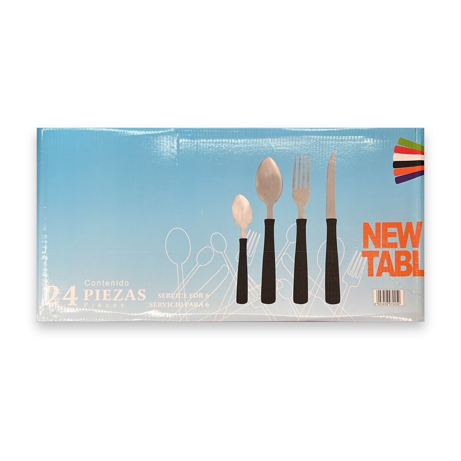 Caja del set de cubiertos New Table de 24 piezas, servicio para 6, sobre fondo blanco (foto real de la caja enderezada) — miniatura 3