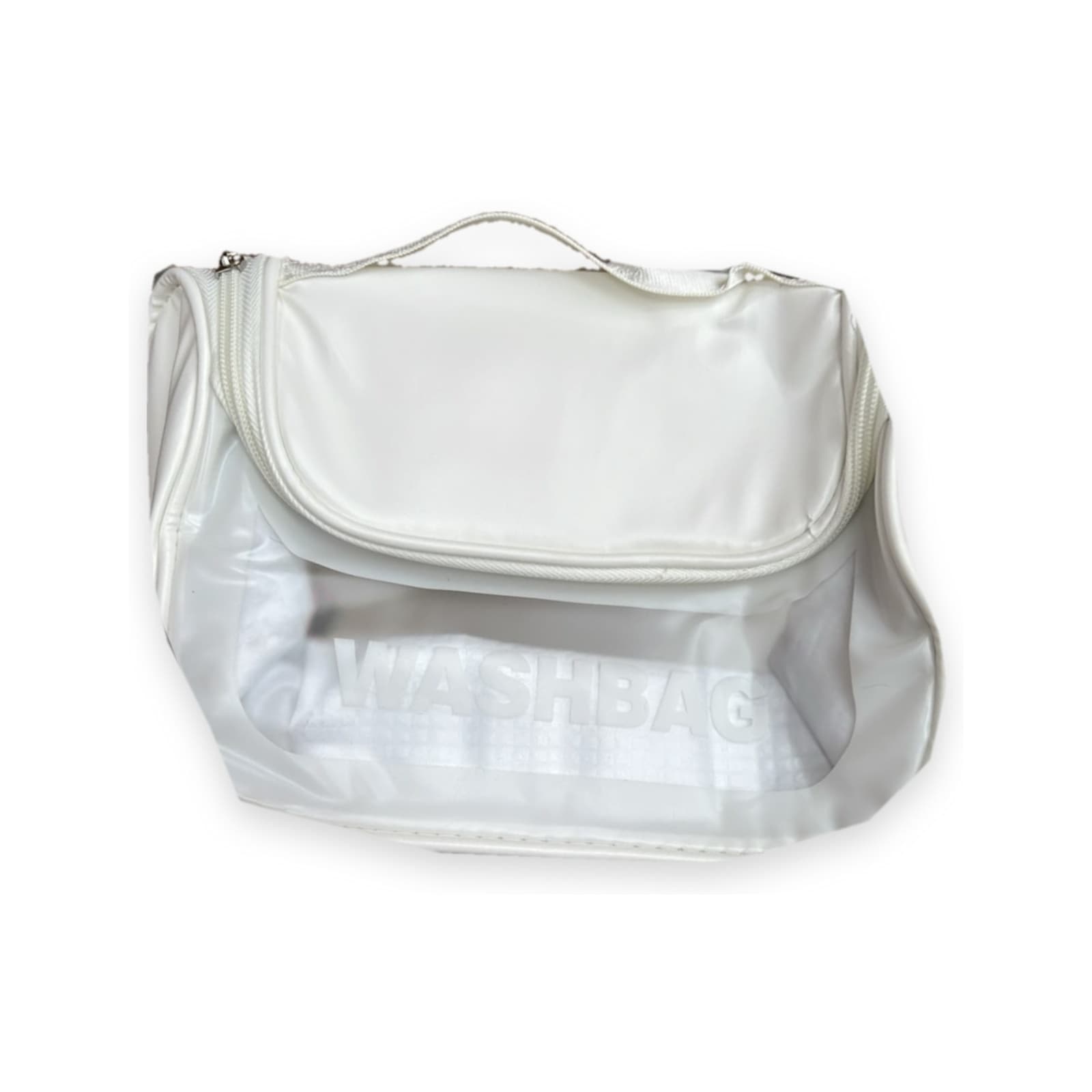 Neceser Washbag blanco con asa de mano, solapa con cierre y frente translúcido con la inscripción WASHBAG — miniatura 3