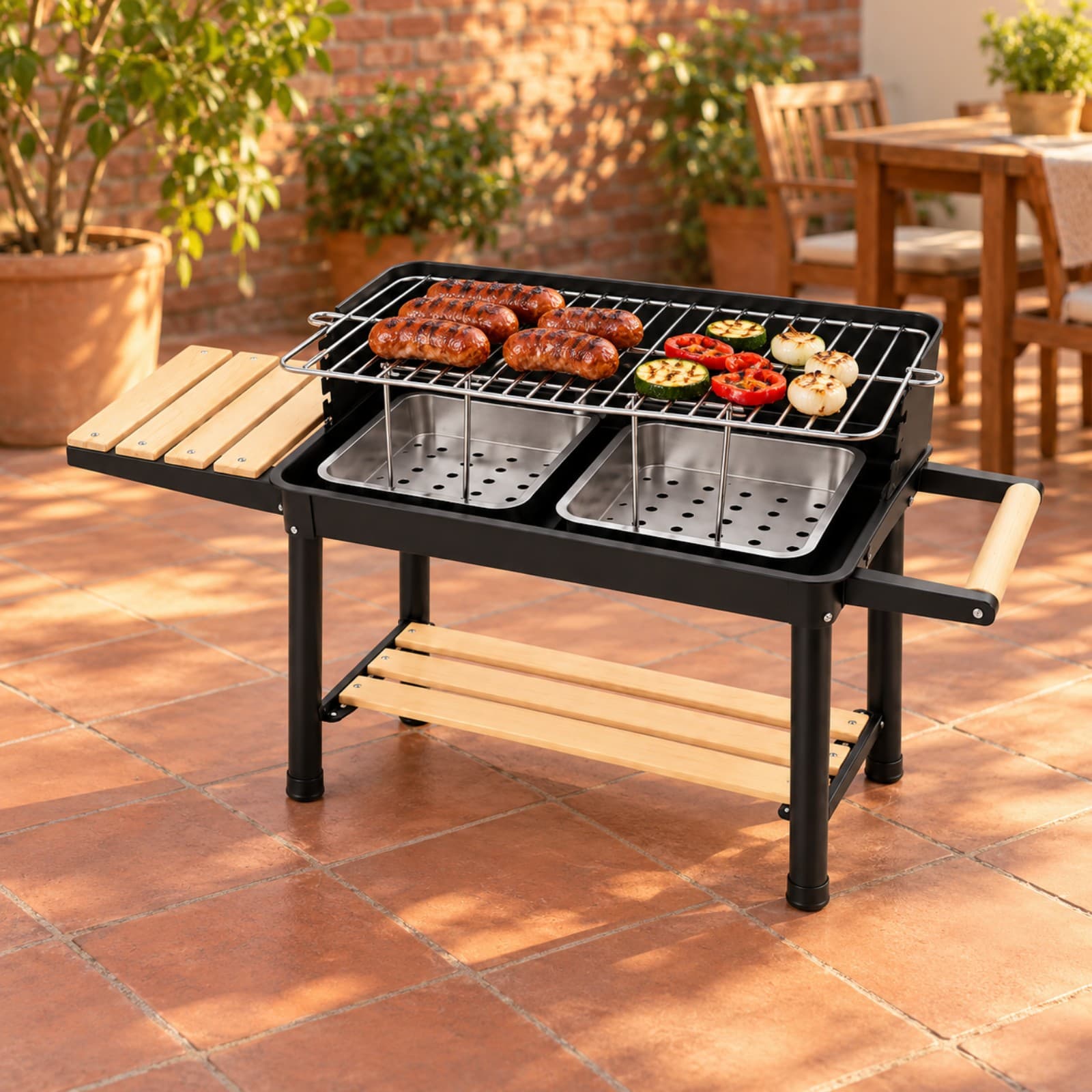 Parrilla a carbón con chorizos y verduras sobre la rejilla, en el patio de una casa con piso de baldosas, mesa de madera y pared de ladrillo (imagen ilustrativa), PARRPORT — miniatura 3
