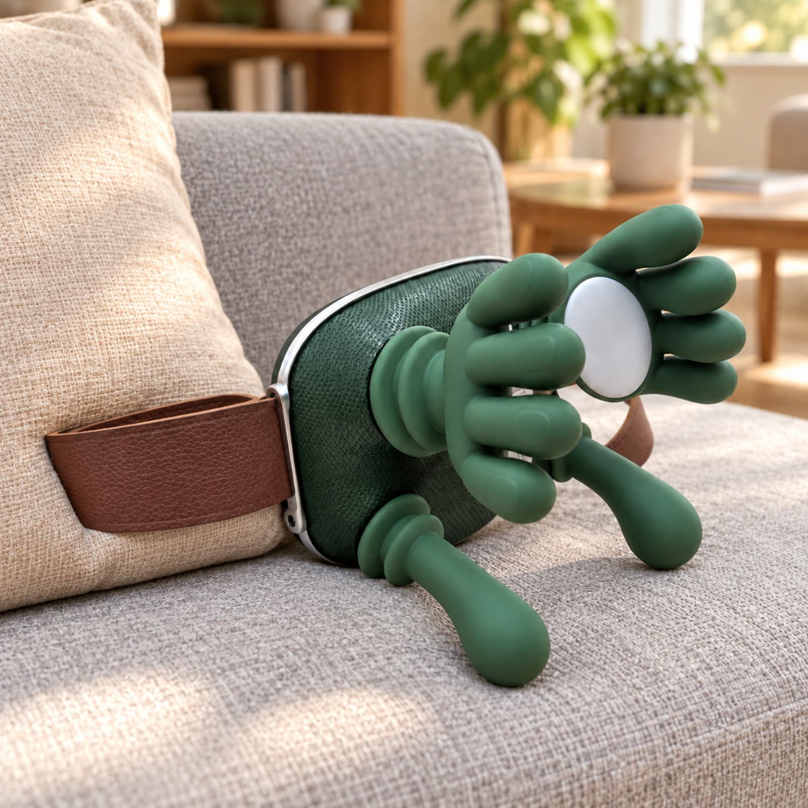 Masajeador cervical OSR EL-90 con manitos verde apoyado en un sillón junto a un almohadón (imagen ilustrativa), MASAJMANITVERDE — miniatura 4