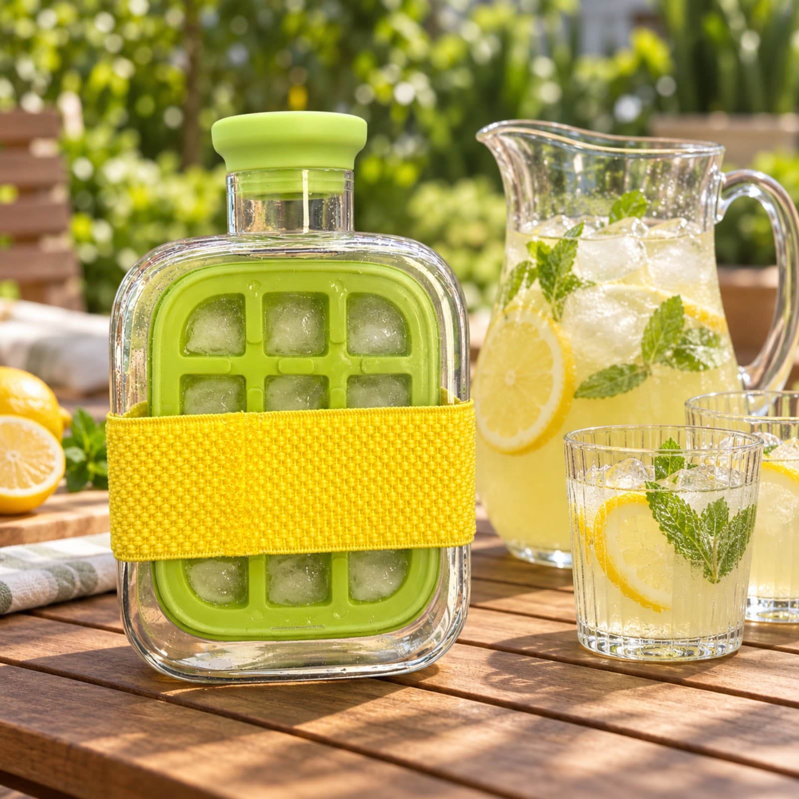 Botella cubetera Ice Cube Box de 500 ml verde sobre una mesa de jardín junto a una jarra de limonada con hielo y dos vasos (imagen ilustrativa) — miniatura 6