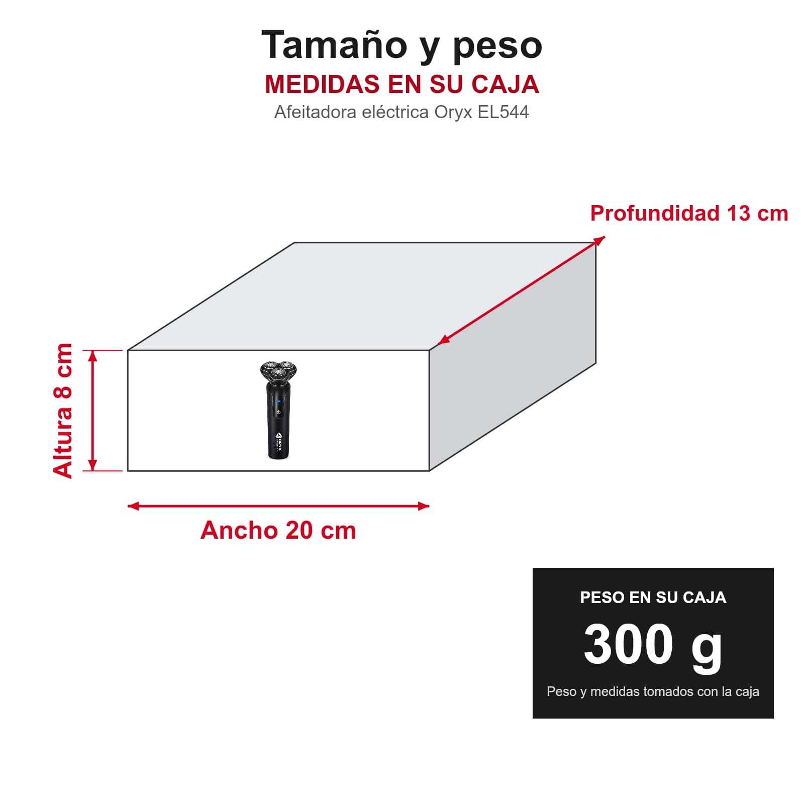 Medidas y peso de la afeitadora eléctrica Oryx EL544 en su caja: 13 × 20 × 8 cm, 300 g, AFEITACERO — miniatura 4