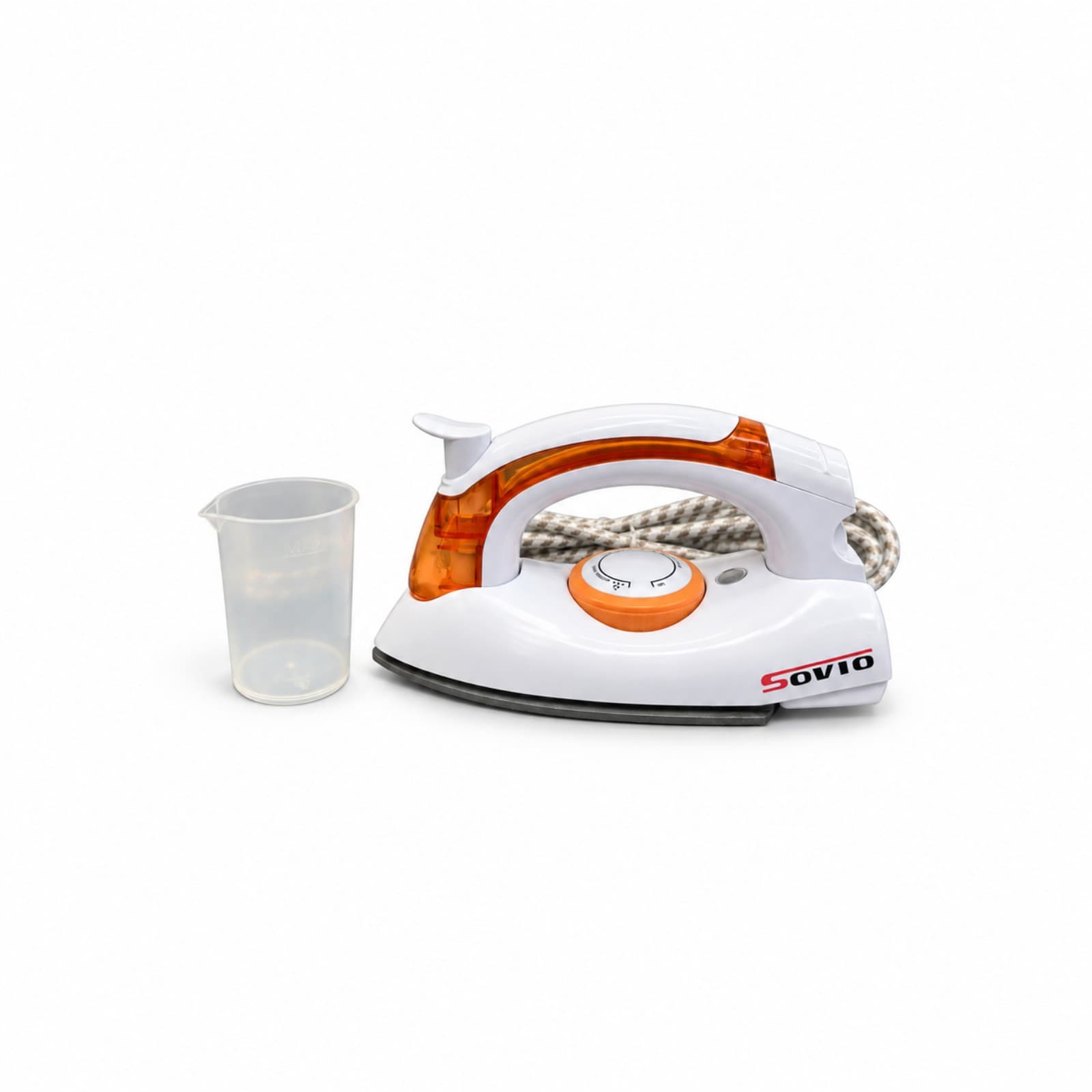 Plancha de viaje Sovio S-258B naranja con su vaso medidor de agua y su cable (imagen ilustrativa) — miniatura 2