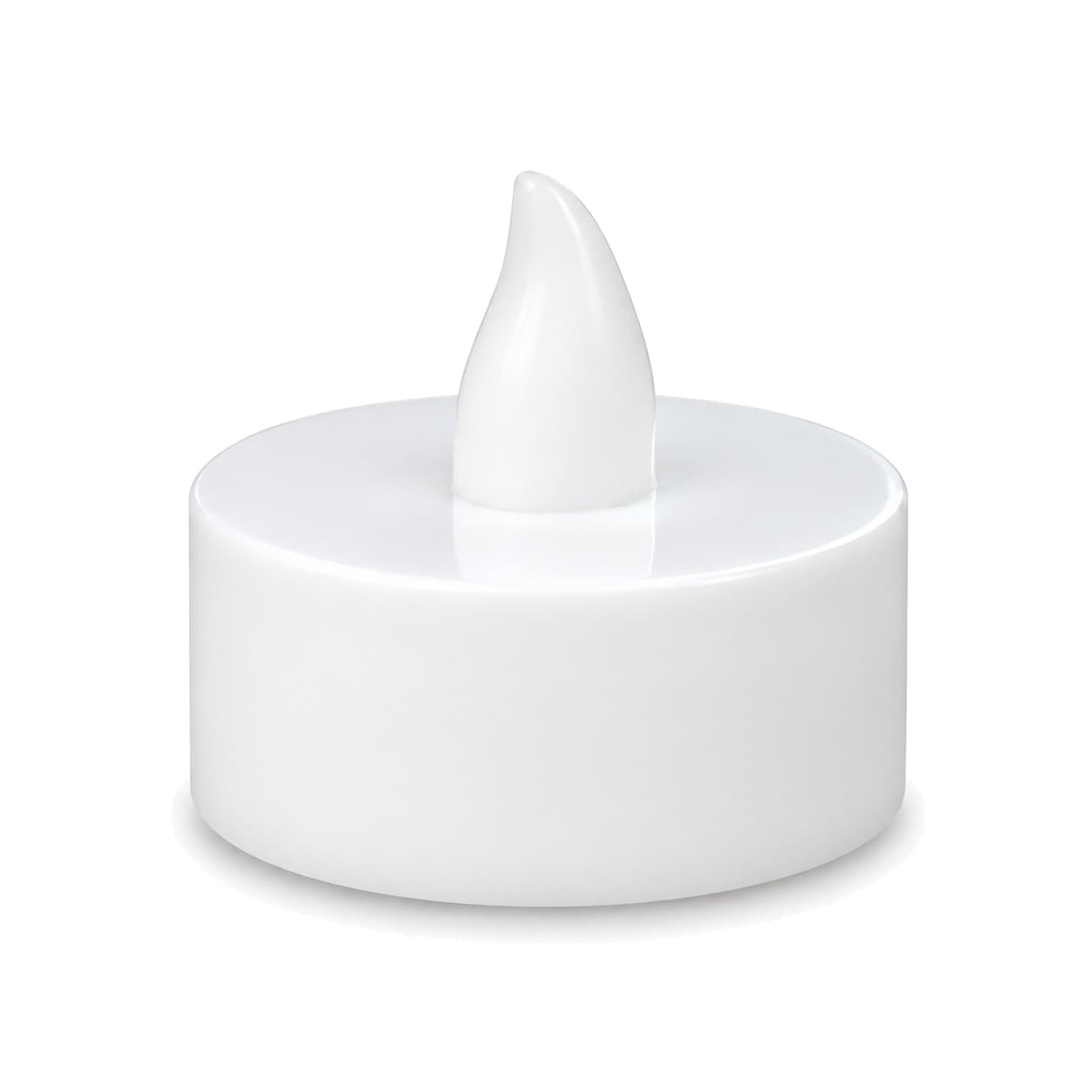 Vela tea light a pila blanca, una unidad apagada sobre fondo blanco