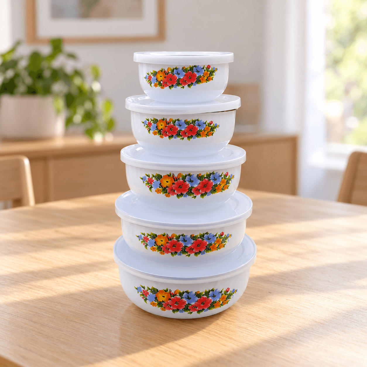 |BOWLX5HIERR| Cinco bowls OSR con flores multicolor y tapas sobre una mesa.