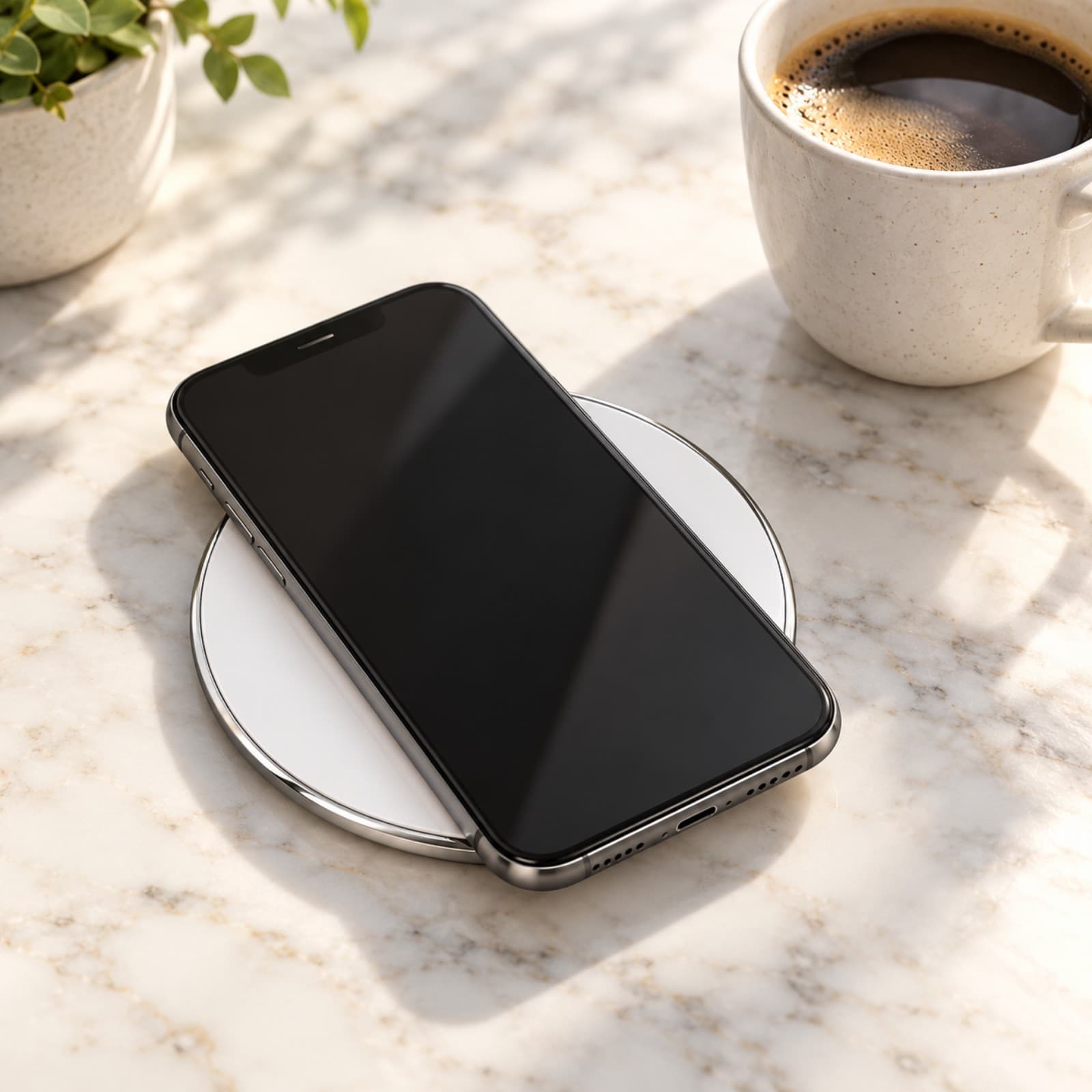 Celular sobre la base de carga inalámbrica XAEA Xpiral blanca en una mesada de cocina de mármol, junto a una taza de café (imagen ilustrativa), CARXPIRAL — miniatura 6