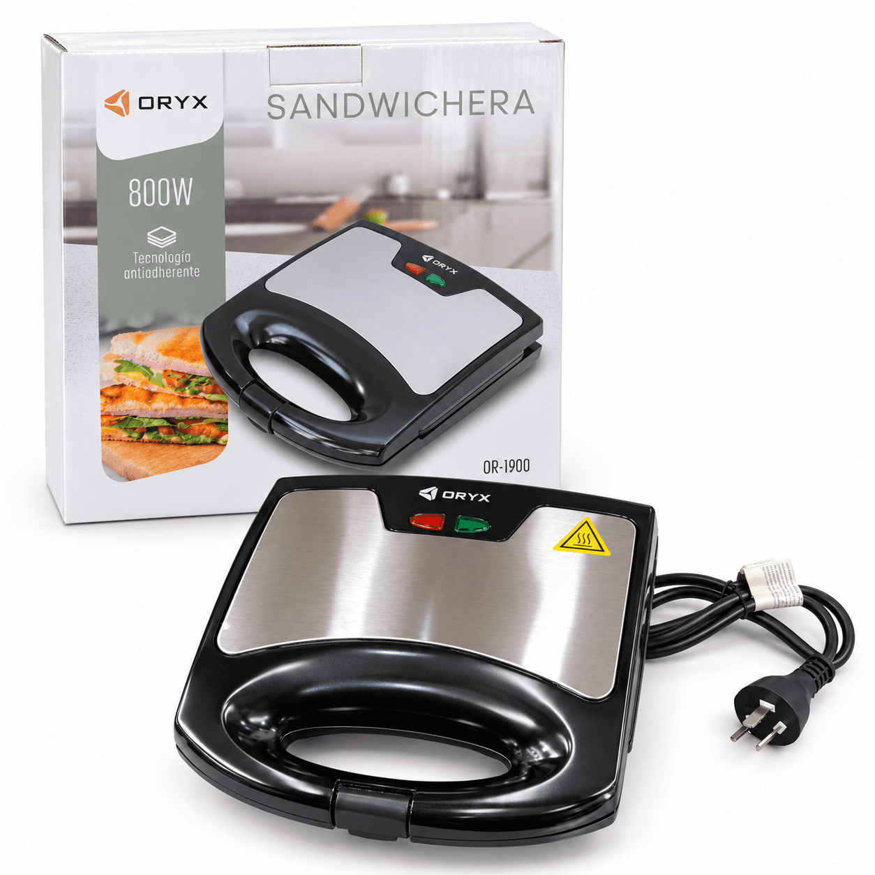 Sandwichera ORYX OR-1900 cerrada junto a su caja de presentación 800 W.