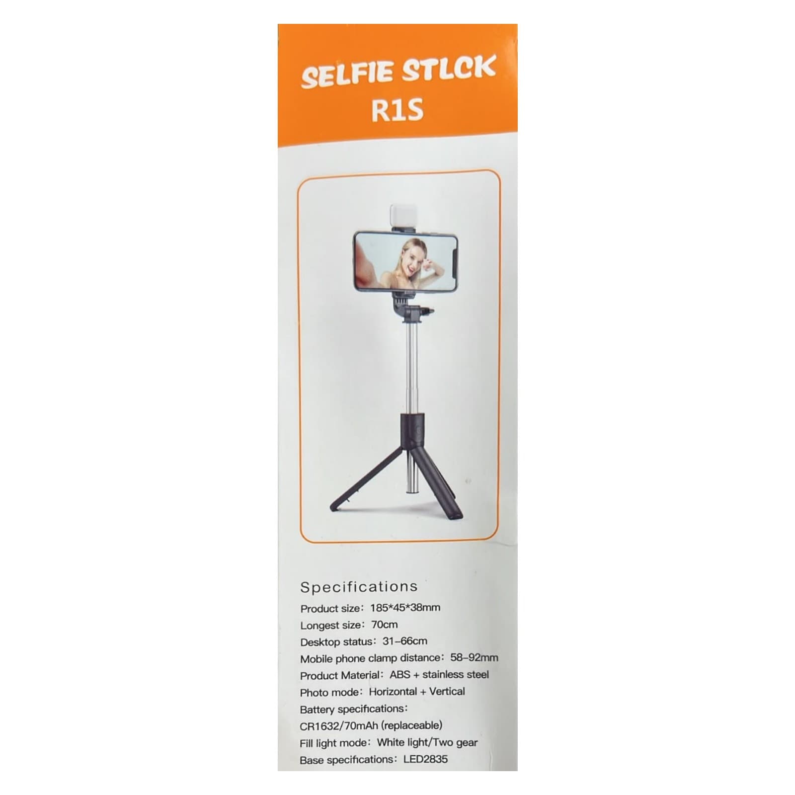 Dorso del envase del selfie stick R1S con las especificaciones impresas: medidas, material, apertura de la pinza y luz de relleno, SOPTRIPCELN — miniatura 3