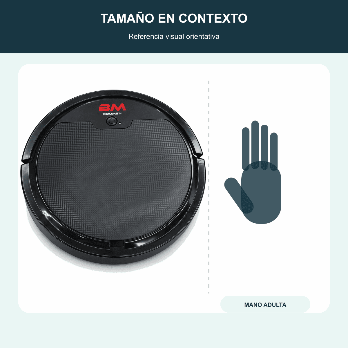 HANDOFF-48|BM96|04|27f69f046e57|Aspiradora Robot BM96 Negra con Accesorios - Única - Referencia visual de escala