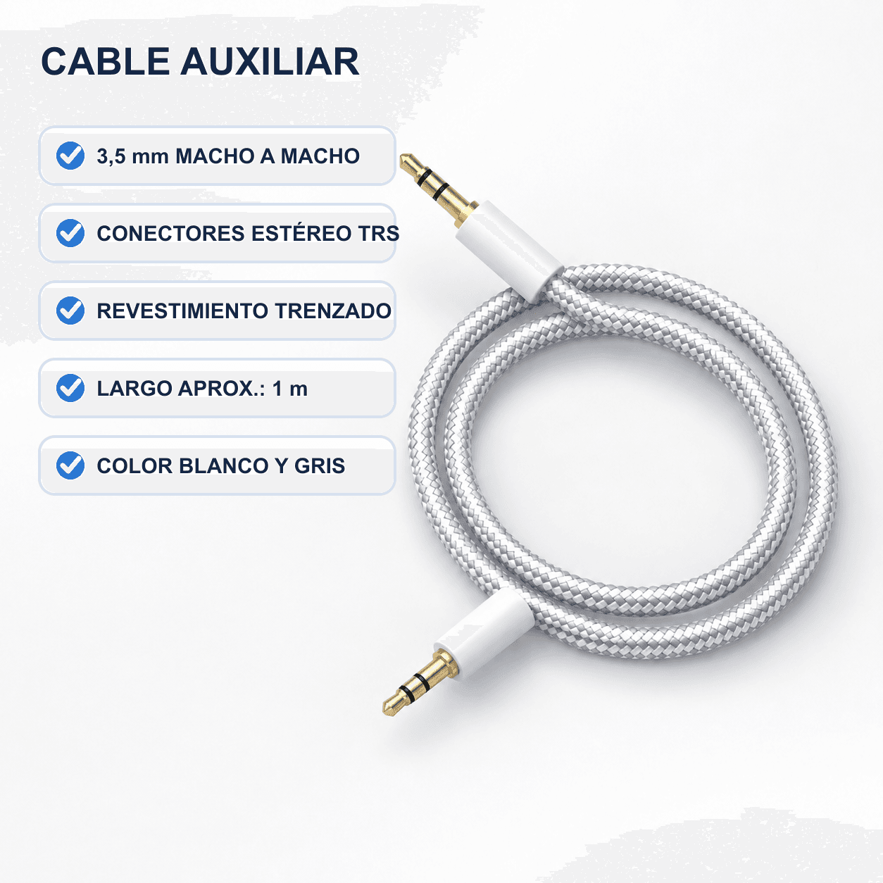 WEB-CABLES-DVR-2026-09-28|CABAUXTELA1M|06|3561fbadd0ca5b1d|Cable Auxiliar 3.5 mm Macho a Macho Mallado 1 m Blanco - imagen 6