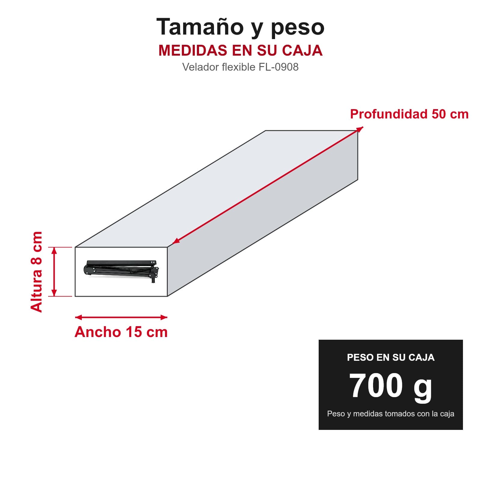 Medidas y peso de Velador de escritorio flexible FL-0908 en su caja: 50 × 15 × 8 cm, 700 g, LAMPGANCHFLEXN — miniatura 4