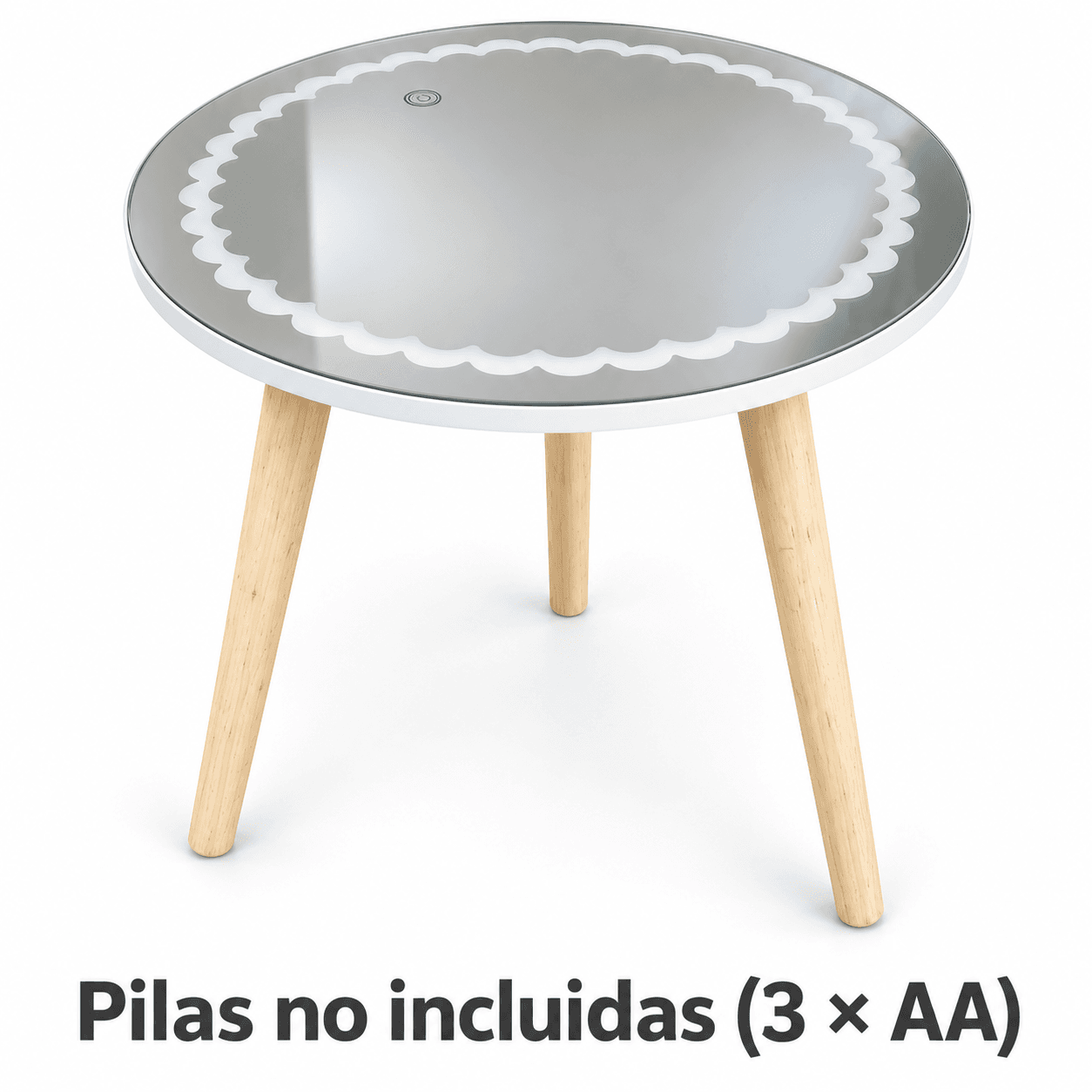Mesa auxiliar ORYX OR-ST03 con tapa espejo y tres patas; pilas no incluidas (3 × AA)