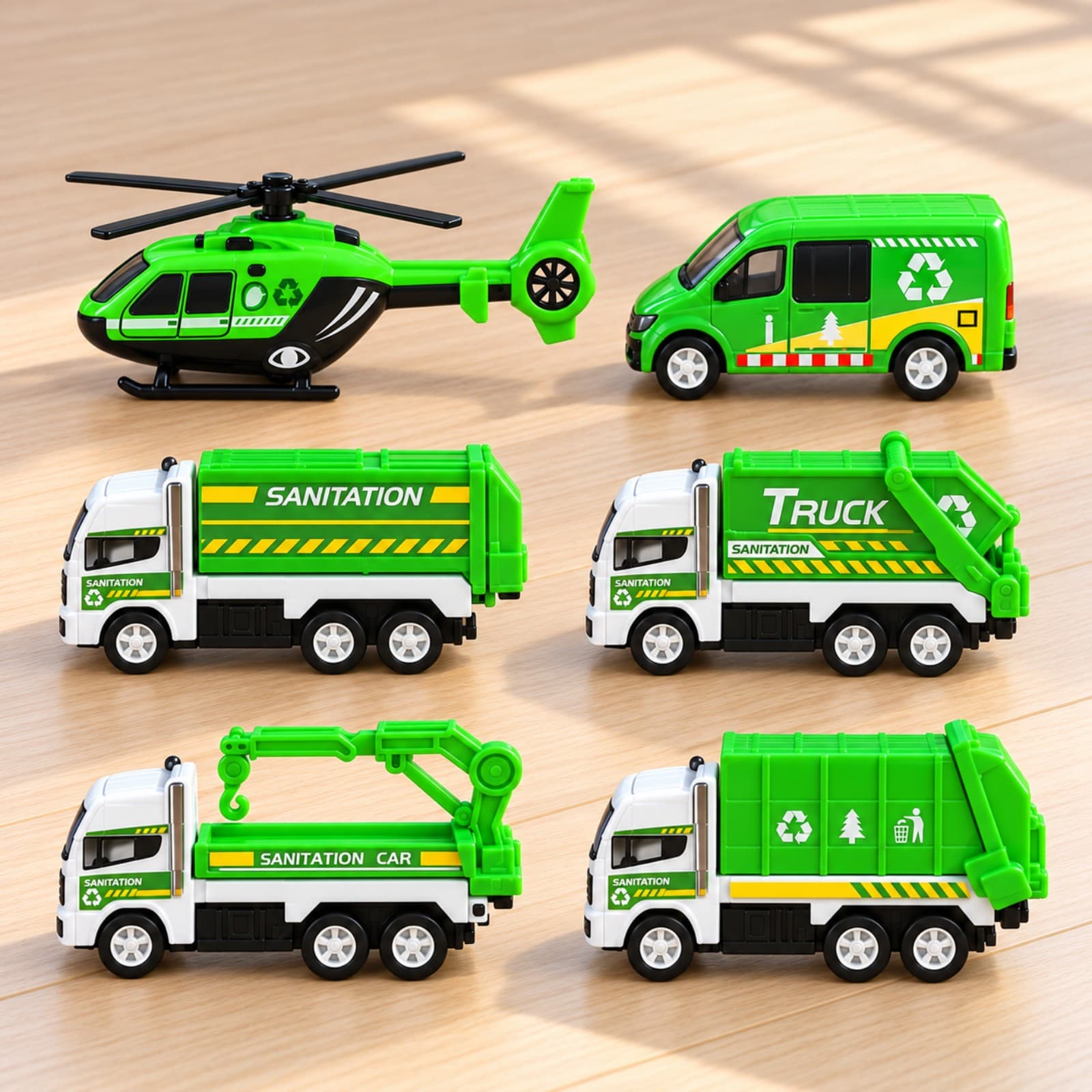 Los seis vehículos del set Zumo City Sanitation alineados sobre un piso de madera (imagen ilustrativa) — miniatura 5