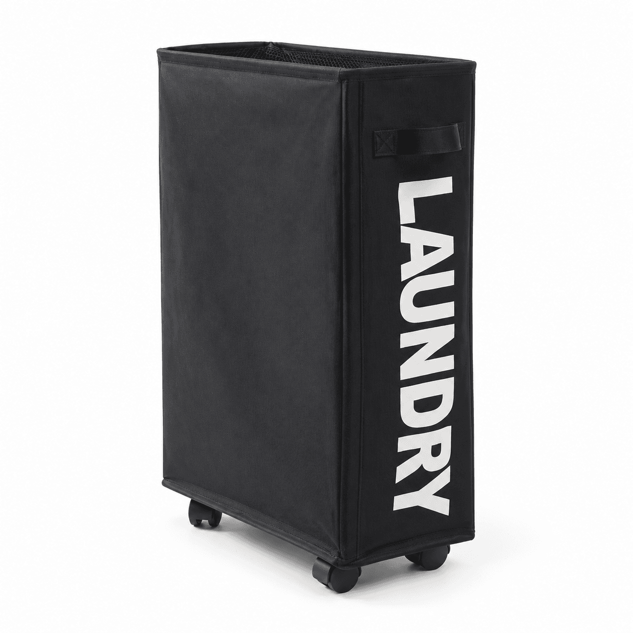 |US088| Cesto US088 negro armado, angosto, con ruedas y asa textil.