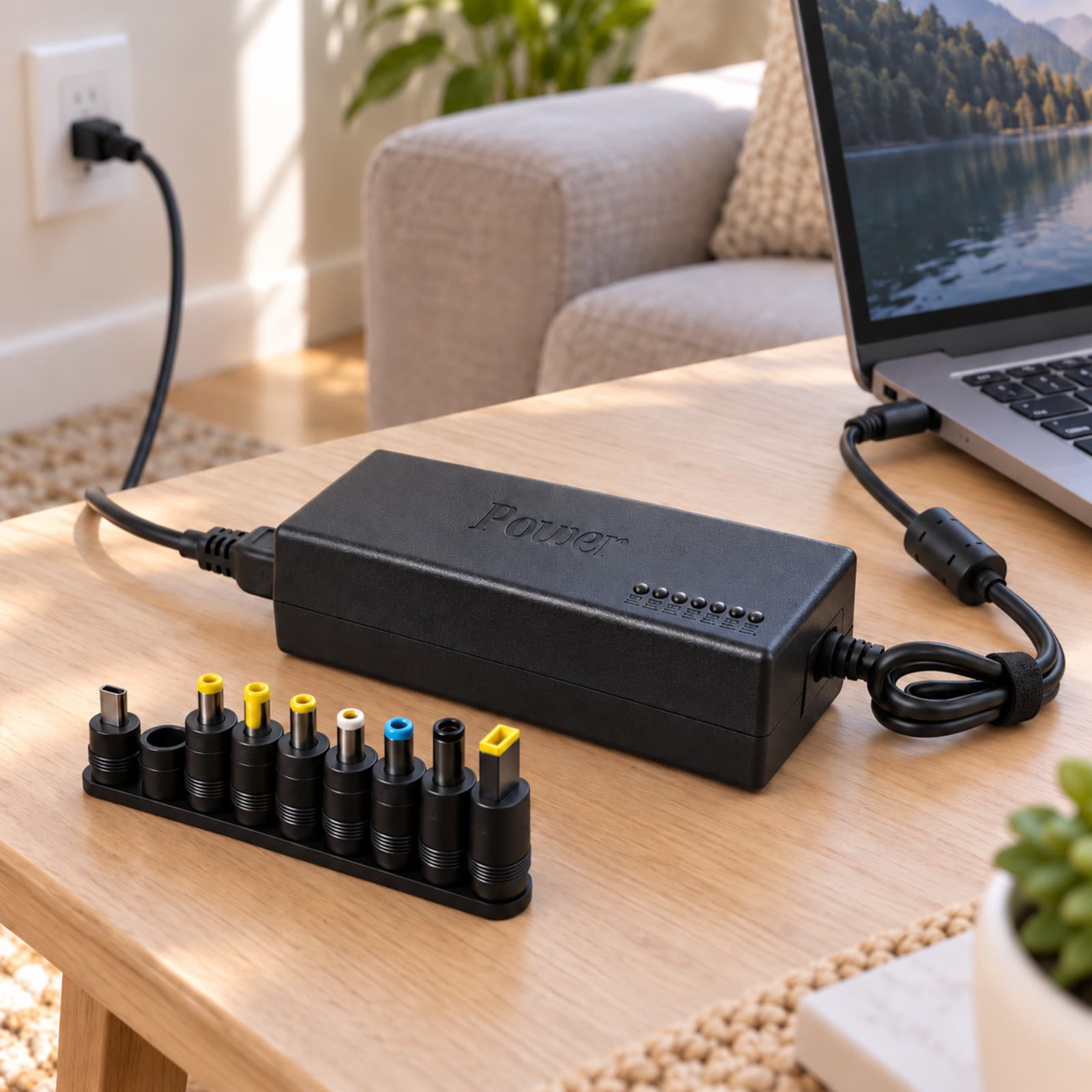 Cargador universal de notebook Mixor NEXO con su cable cerca de una notebook en el living (imagen ilustrativa) — miniatura 5