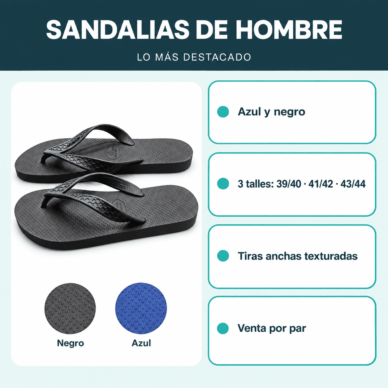 Información de sandalias de hombre: azul y negro, tres talles, tiras anchas texturadas y venta por par.