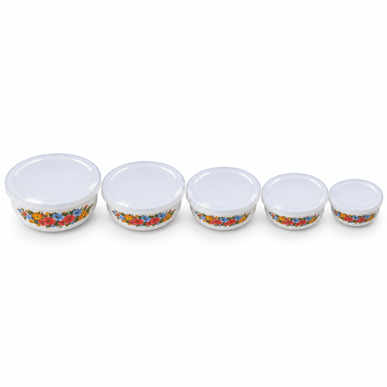|BOWLX5HIERR| Cinco bowls OSR con flores multicolor y tapas, ordenados de mayor a menor.