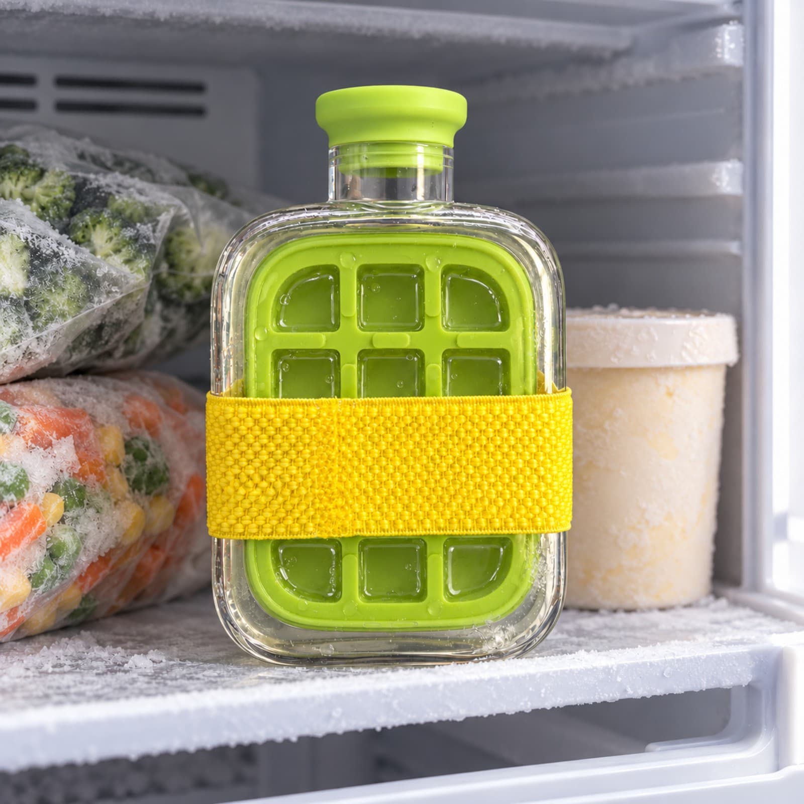 Botella cubetera Ice Cube Box de 500 ml verde dentro de un freezer, con agua en las cavidades de la cubetera (imagen ilustrativa) — miniatura 4