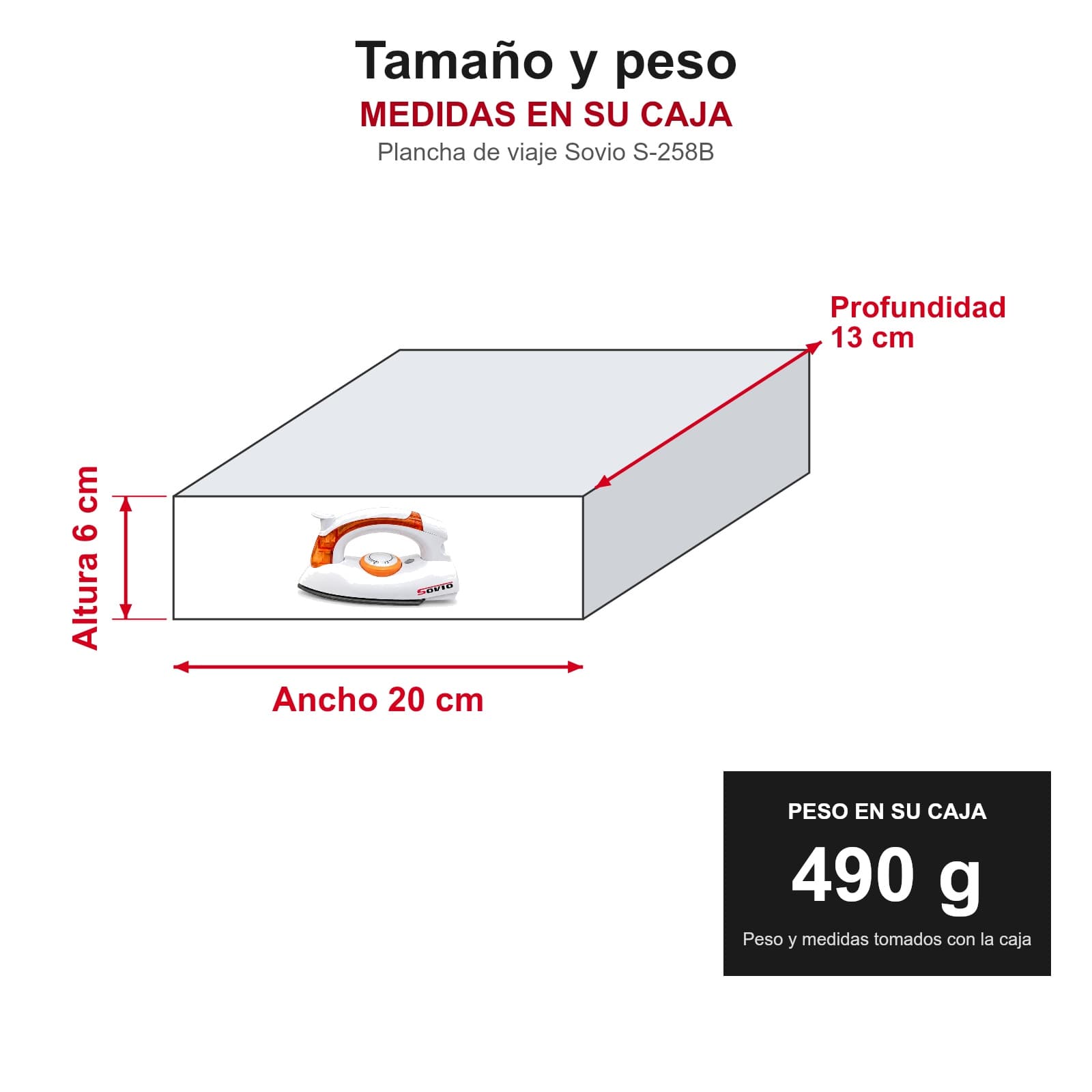 Medidas y peso de la plancha de viaje Sovio S-258B en su caja: ancho 20 × profundidad 13 × altura 6 cm, 490 g — miniatura 4