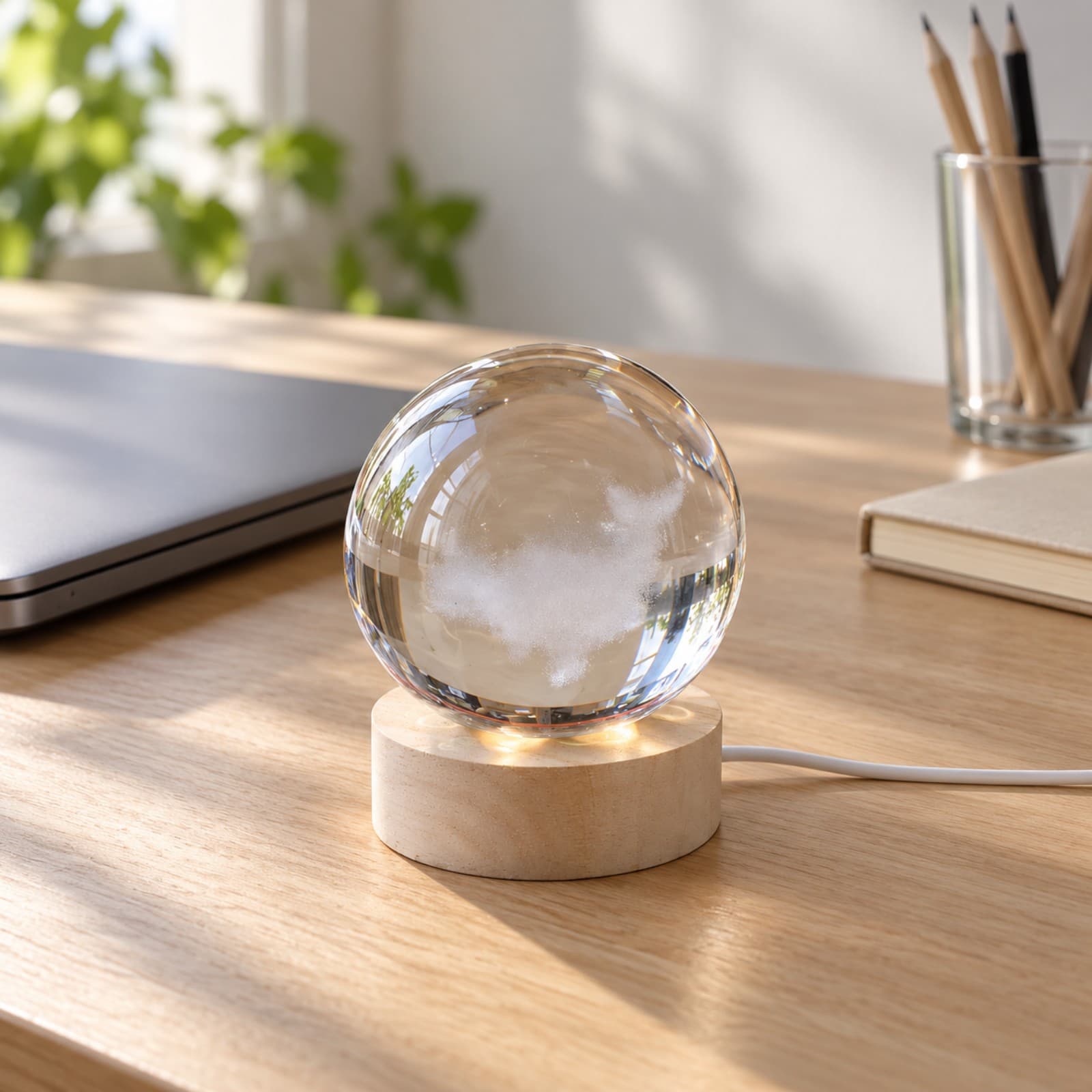 Esfera de luz con ballena grabada sobre un escritorio de trabajo, junto a una notebook cerrada y un cuaderno (imagen ilustrativa) — miniatura 5