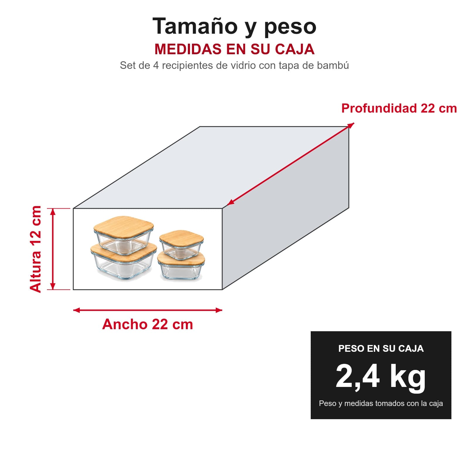 Medidas y peso del set de 4 recipientes de vidrio con tapa de bambú en su caja: 22 × 22 × 12 cm, 2,4 kg — miniatura 3