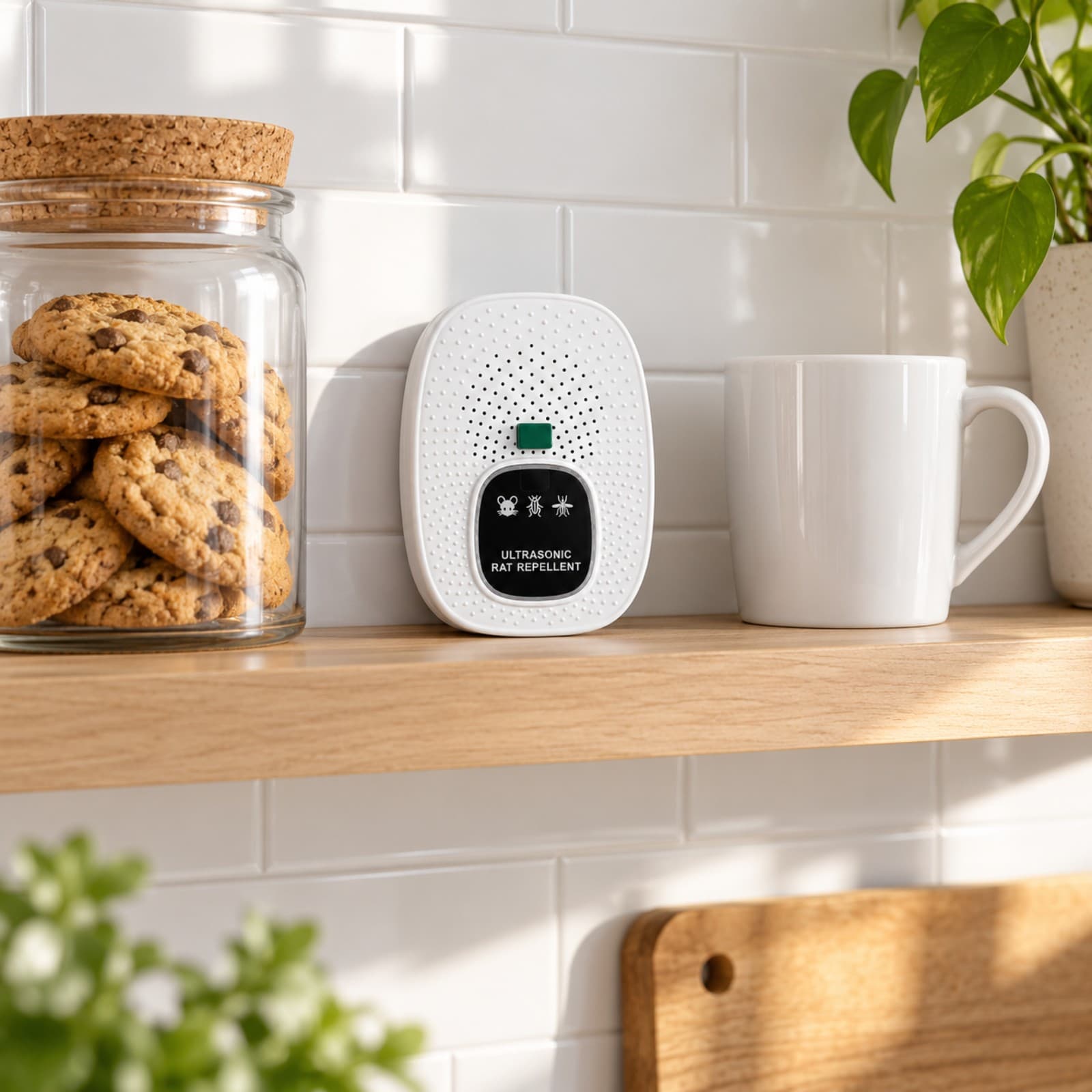 Repelente electrónico ultrasónico W27 blanco apoyado en un estante de la cocina, junto a un frasco de galletitas y una taza (imagen ilustrativa), REPPLAGAB — miniatura 5