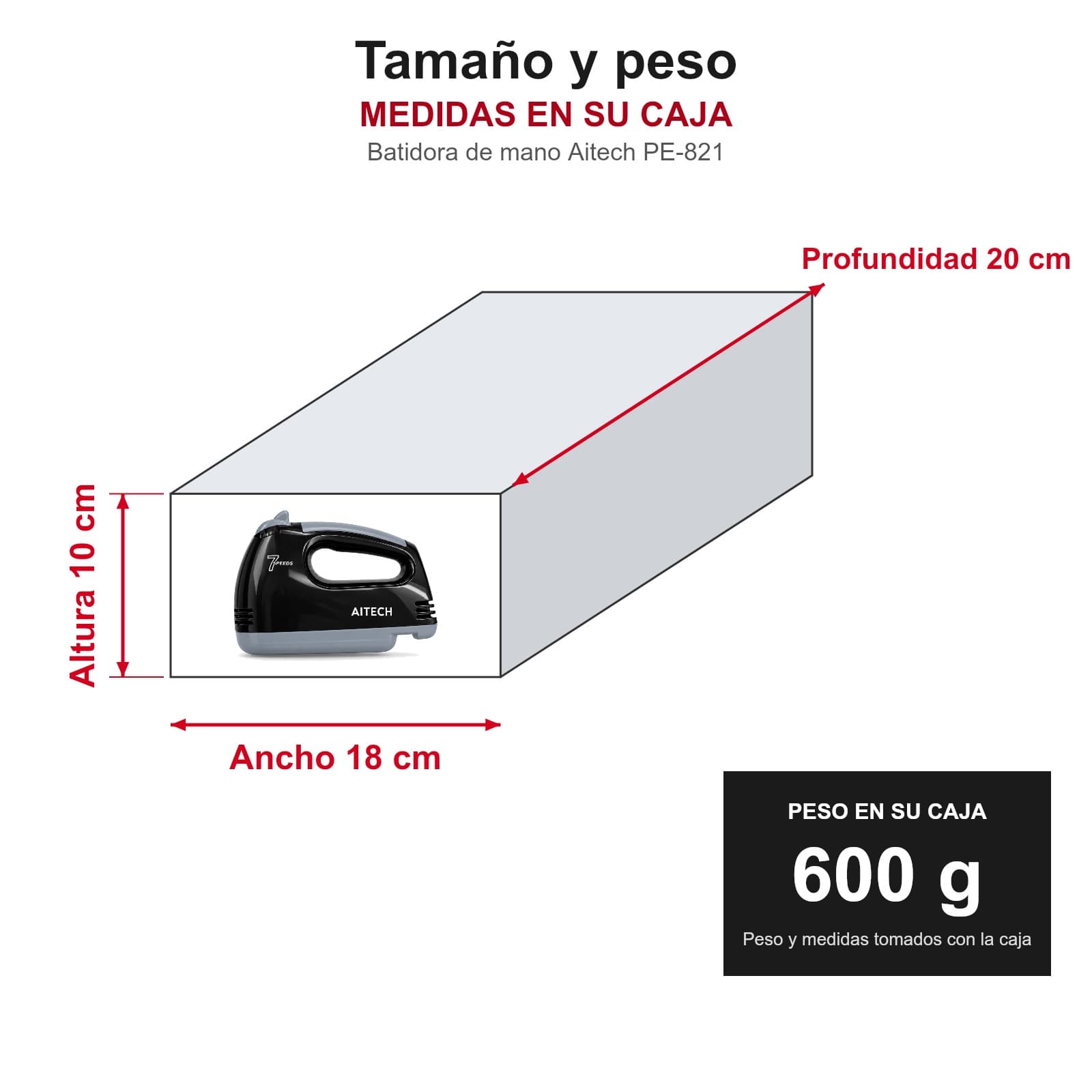 Medidas y peso de la batidora de mano Aitech PE-821 en su caja: 20 × 18 × 10 cm, 600 g — miniatura 4