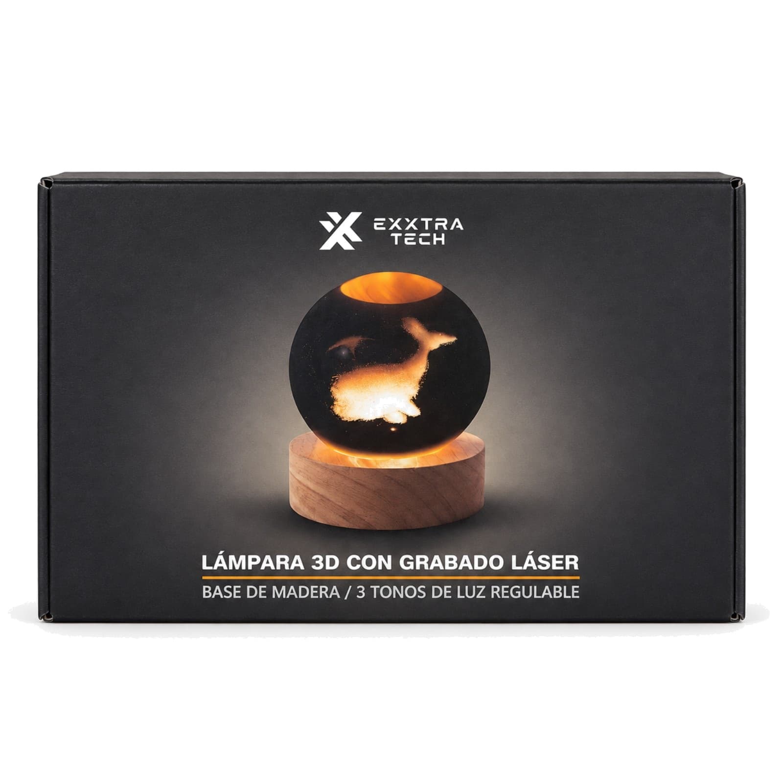 Esfera de luz bola de cristal con ballena y base de madera en su packaging Exxtra Tech (imagen ilustrativa) — miniatura 3