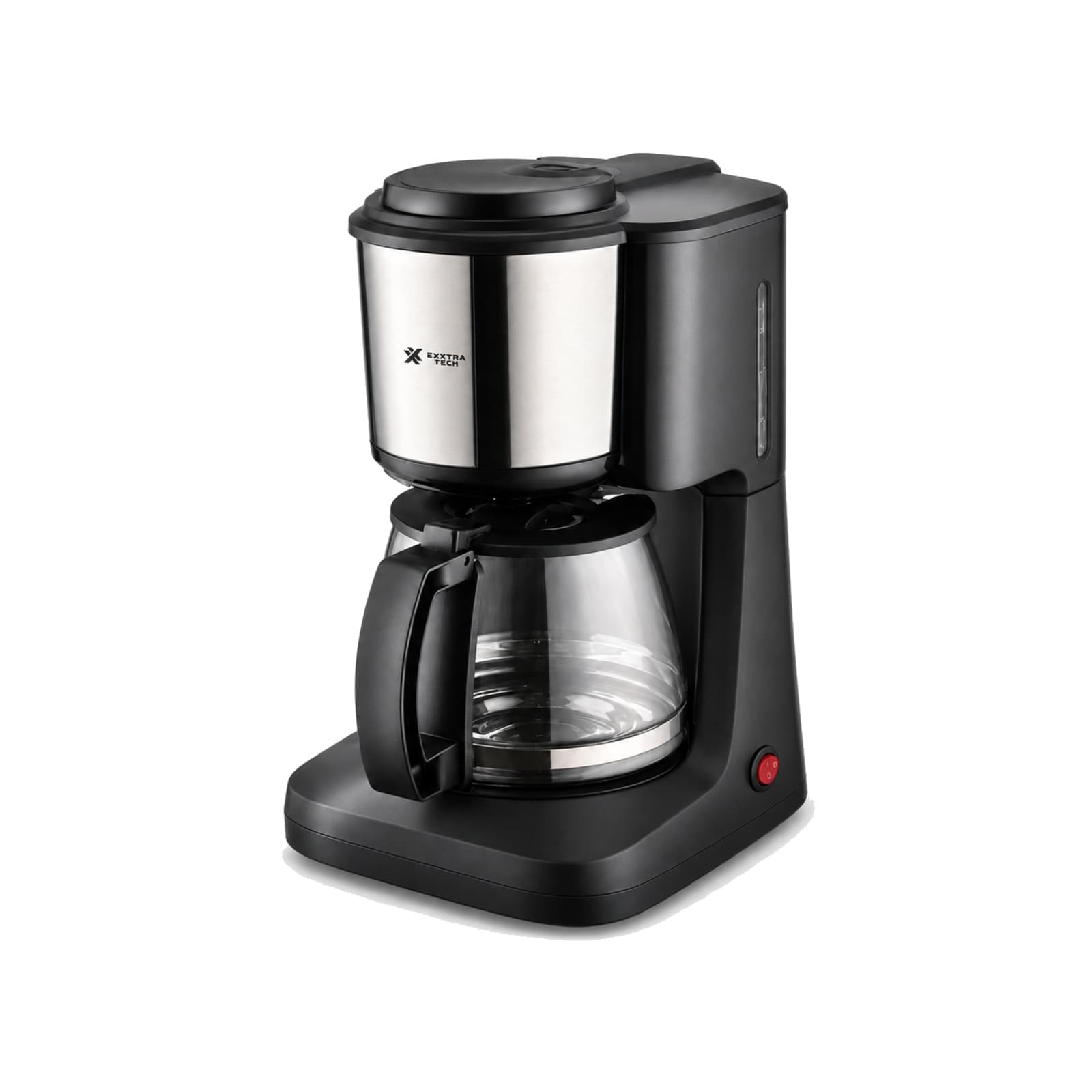 Cafetera de filtro Exxtra Tech CA-800 de 900 ml y 800 W, negra con depósito de acero inoxidable y jarra de vidrio, vista en tres cuartos sobre fondo blanco (imagen ilustrativa) — miniatura 1