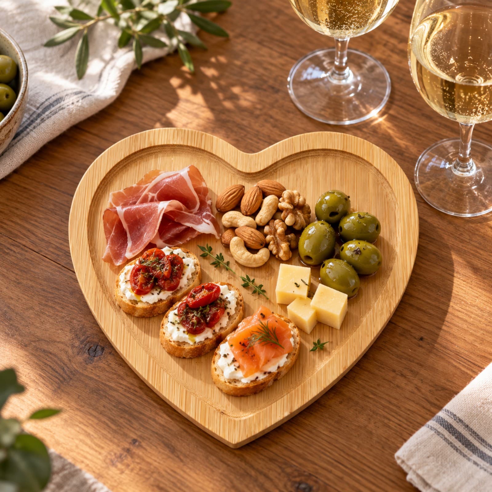 Tabla de bambú en forma de corazón con bocaditos, fiambre, frutos secos y aceitunas en una mesa de aperitivo con dos copas (imagen ilustrativa) — miniatura 5