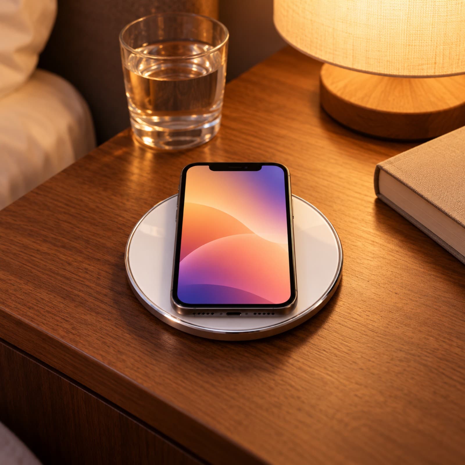 Celular apoyado sobre la base de carga inalámbrica XAEA Xpiral blanca en una mesa de luz de noche (imagen ilustrativa), CARXPIRAL — miniatura 3