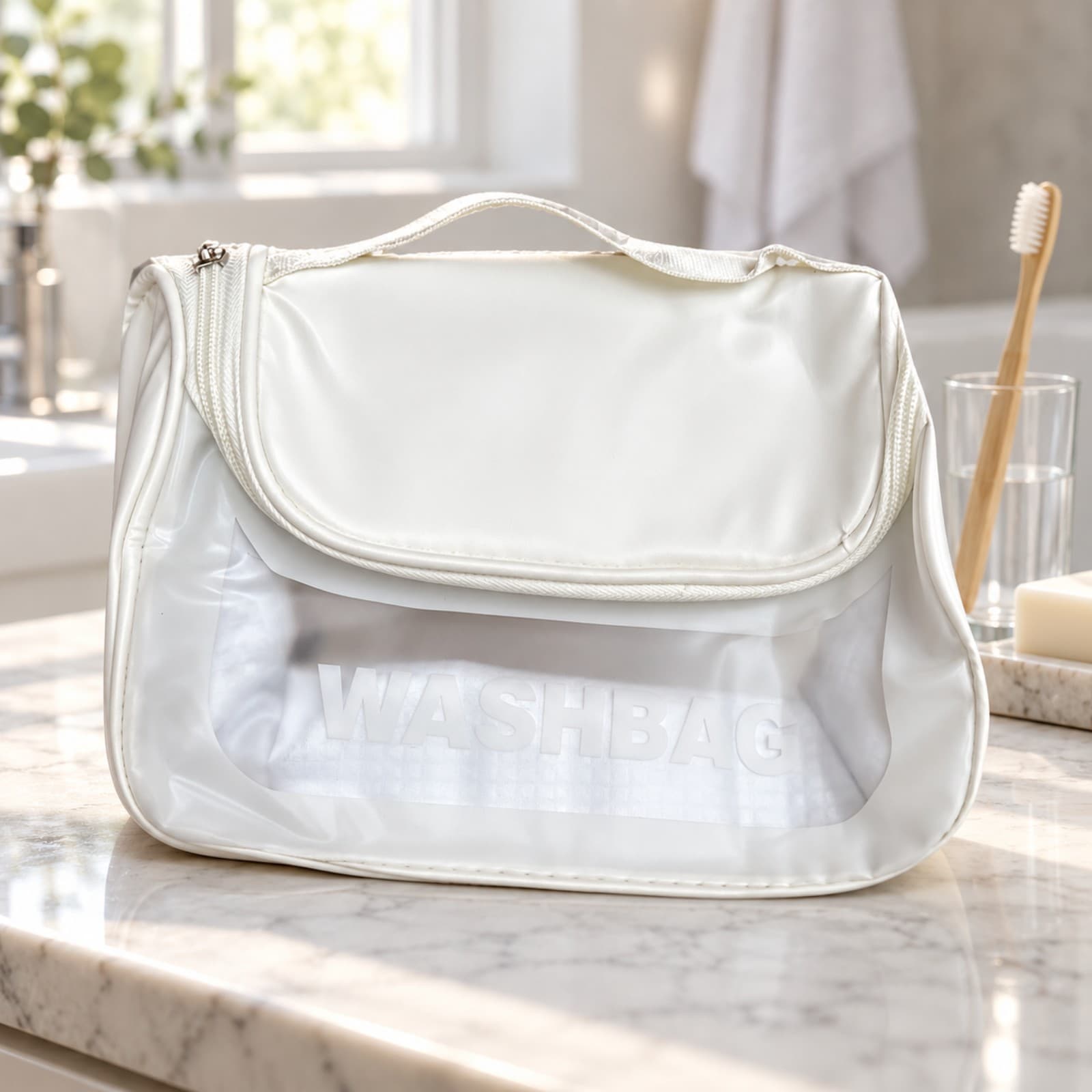 Neceser Washbag blanco sobre una mesada de baño, junto a un cepillo de dientes y un jabón (imagen ilustrativa) — miniatura 2