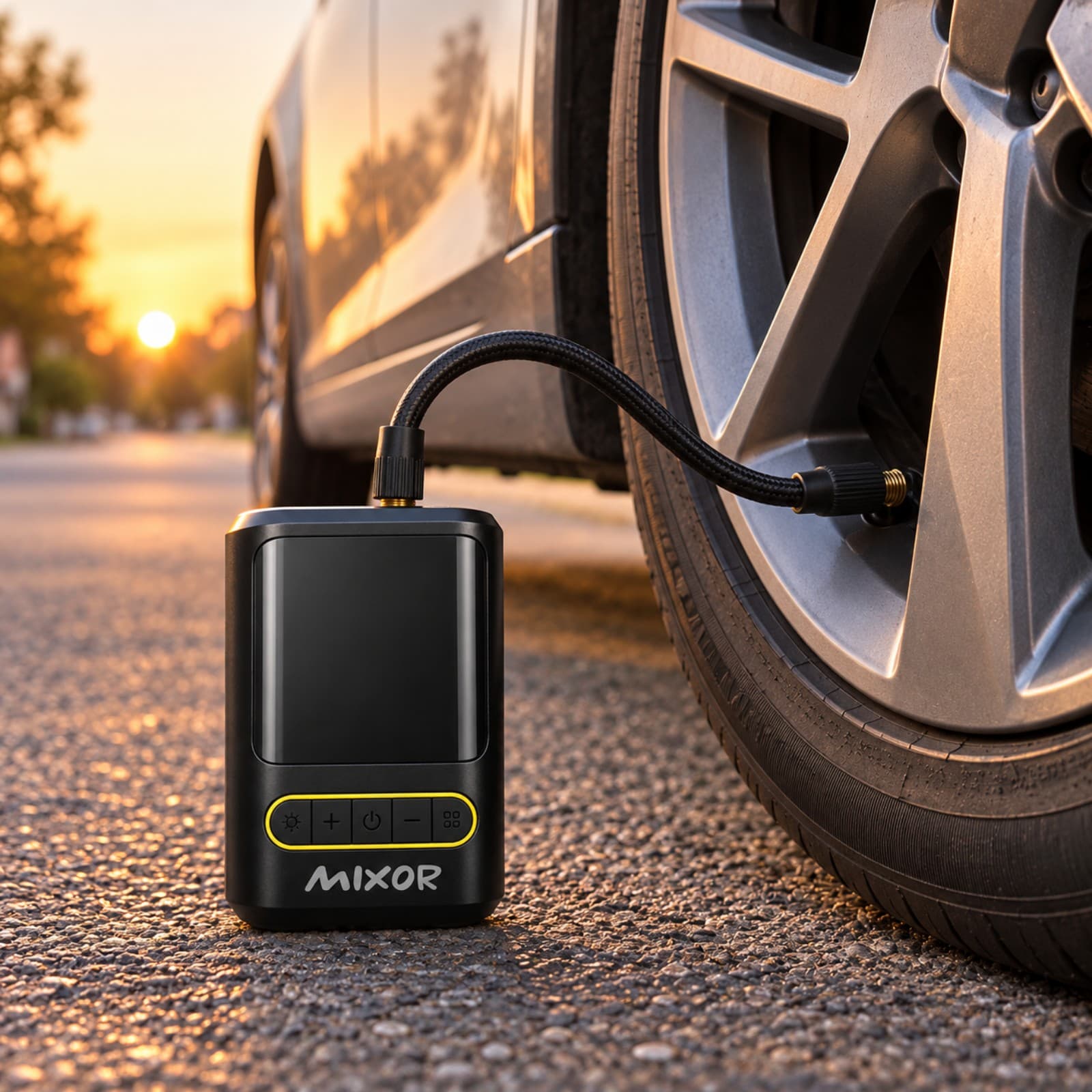 Inflador Mixor Ruta negro con la manguera conectada a la válvula de la rueda de un auto al atardecer (imagen ilustrativa), COMPEXXTNEG — miniatura 7