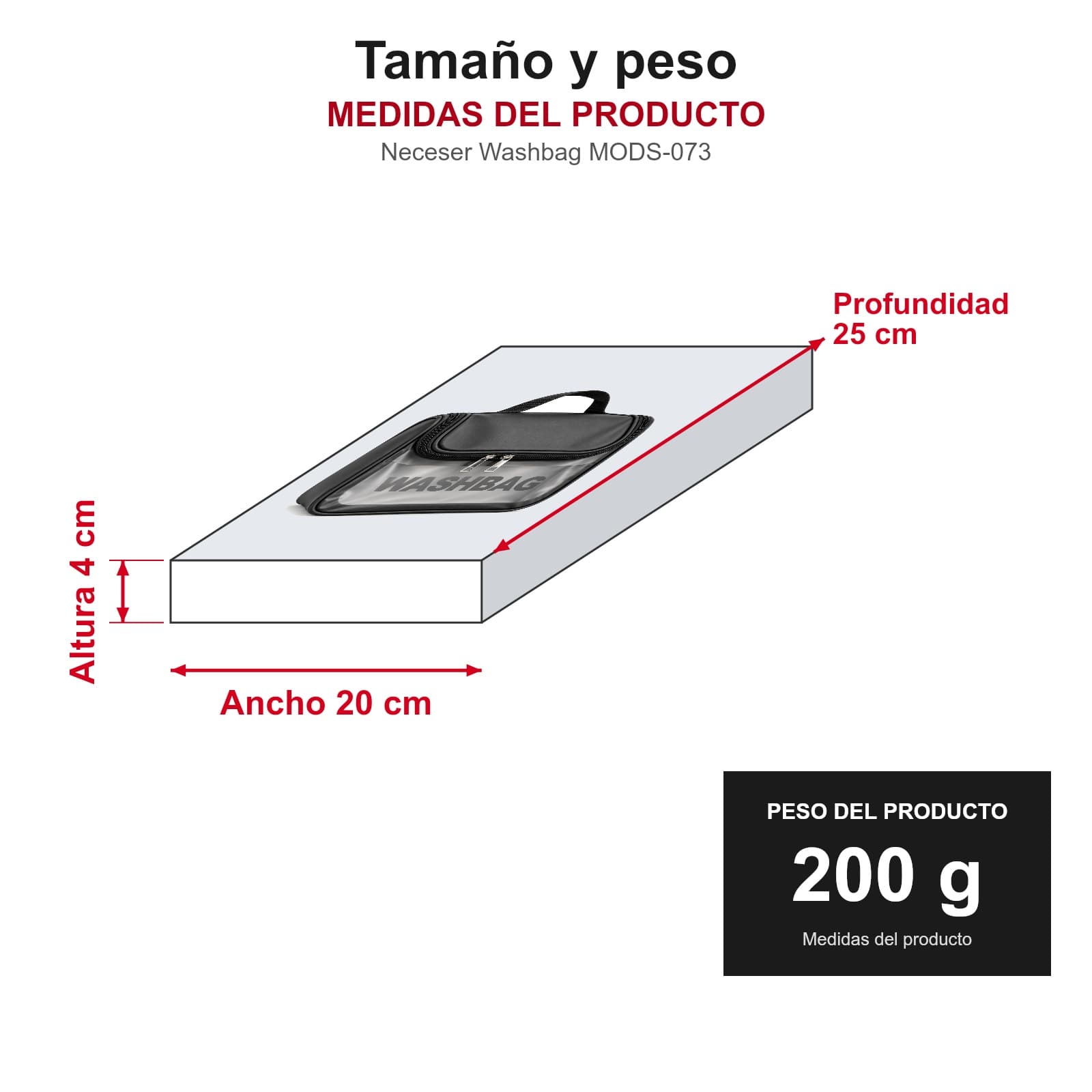 Medidas y peso del neceser Washbag MODS-073: ancho 20 cm, profundidad 25 cm, altura 4 cm, 200 g — miniatura 1