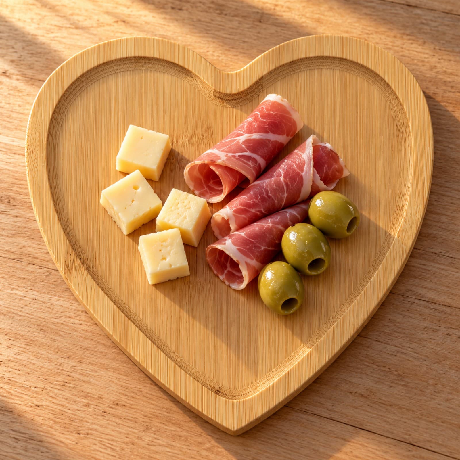 Tabla de bambú en forma de corazón con una picada de cubos de queso, fiambres enrollados y aceitunas sobre una mesa de madera clara (imagen ilustrativa) — miniatura 3