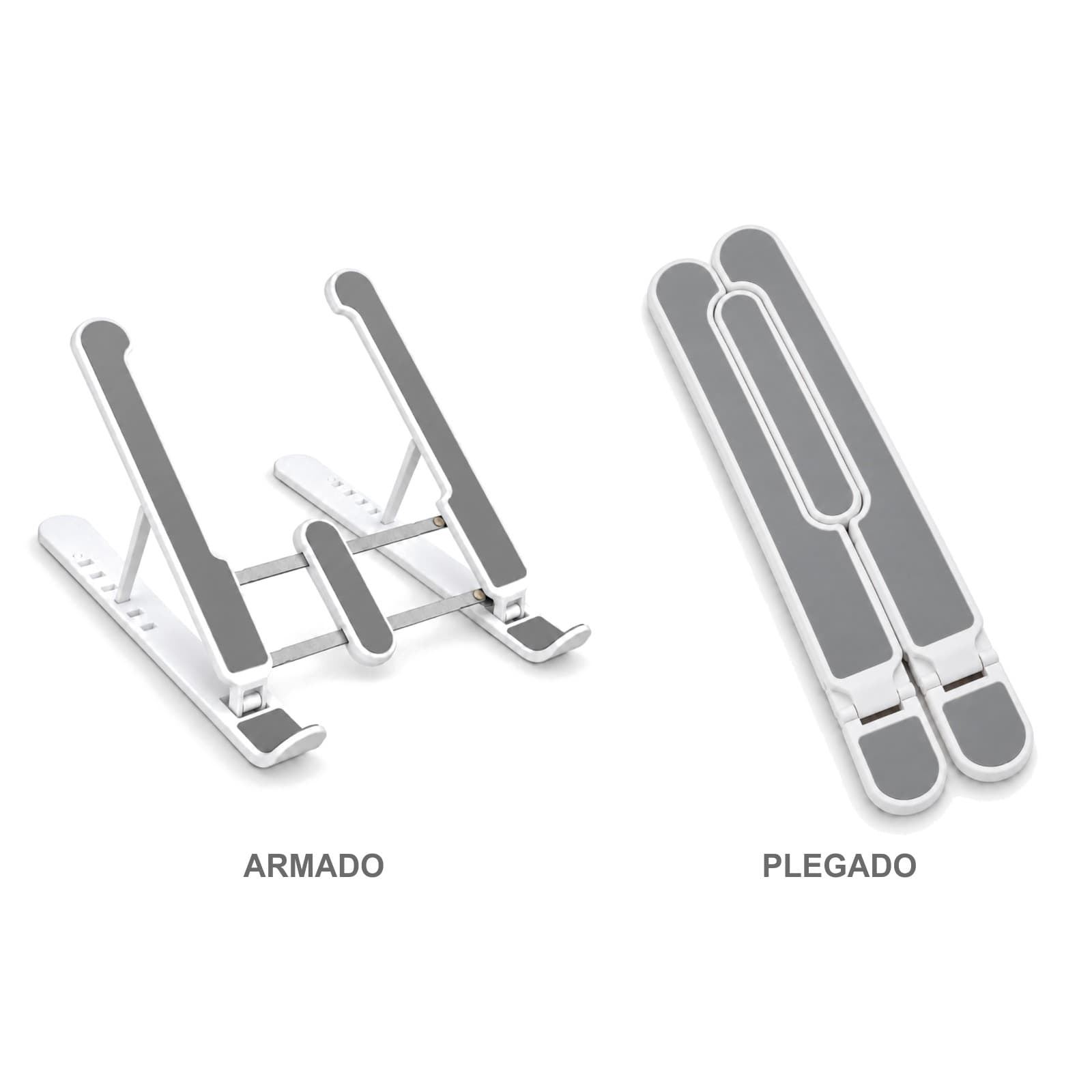Soporte plegable para notebook P1 blanco en sus dos estados: armado y abierto a la izquierda y plegado a la derecha, sobre fondo blanco (imagen ilustrativa), SOPNOTMETGR — miniatura 2