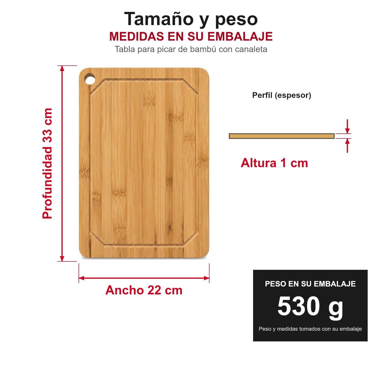 Medidas y peso de la tabla para picar de bambú con canaleta en su embalaje: 22 × 33 × 1 cm, 530 g — miniatura 2