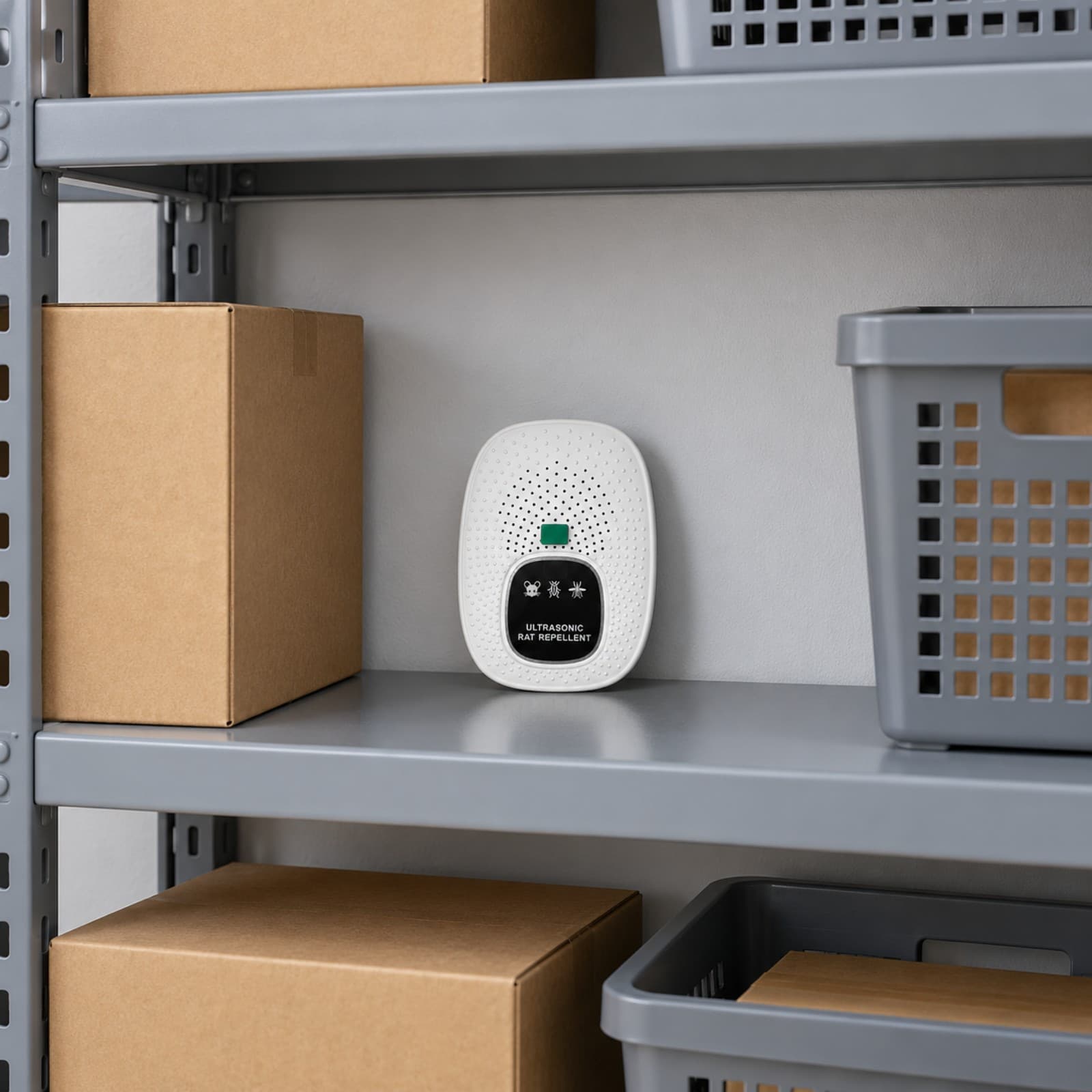 Repelente electrónico ultrasónico W27 blanco apoyado en un estante metálico de un depósito ordenado, entre cajas y canastos (imagen ilustrativa), REPPLAGAB — miniatura 6